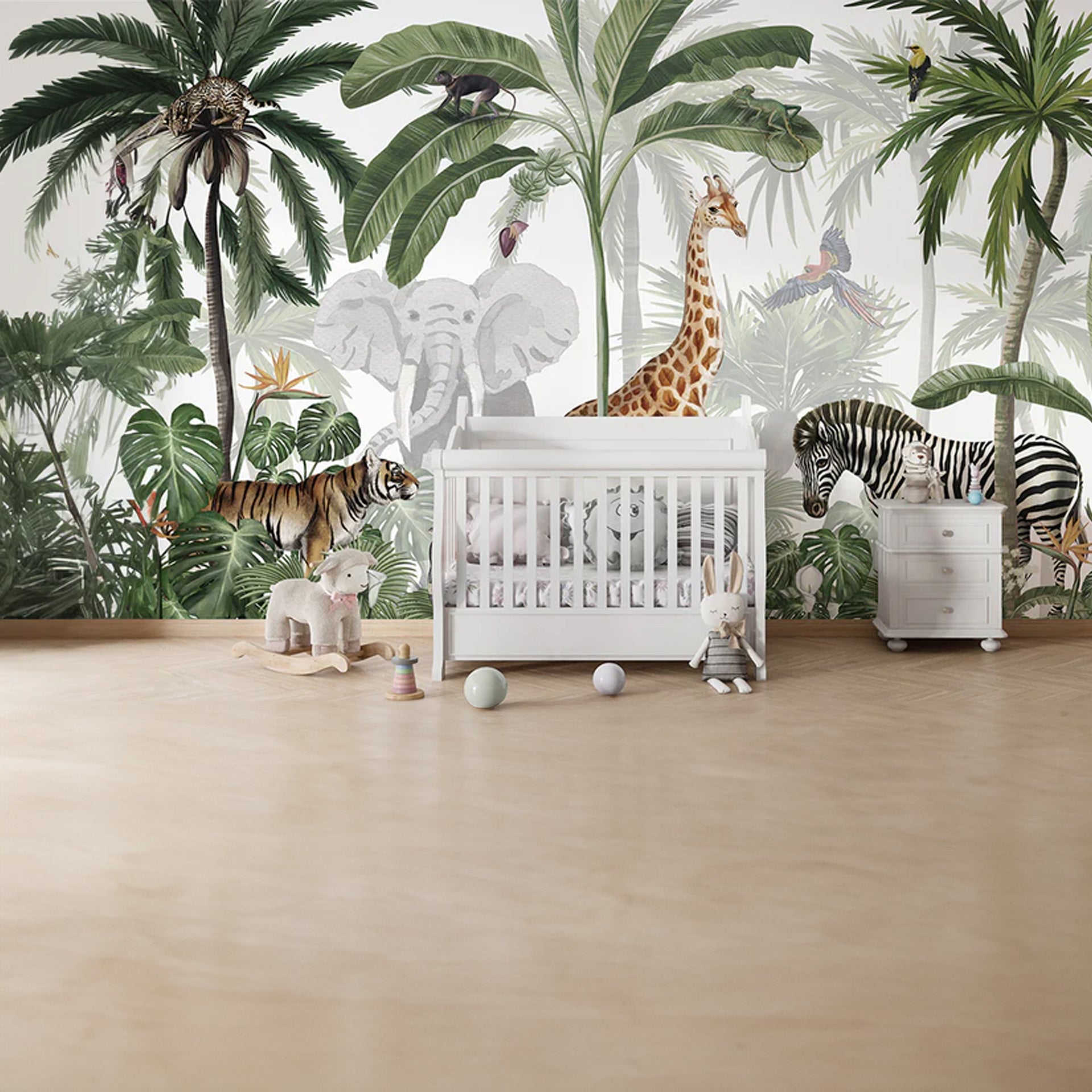 Jungle-Jive:Wallpaper With Giraffe Zebra Tiger Monkey Parrot And Palm Trees In Lush Tropical Forest