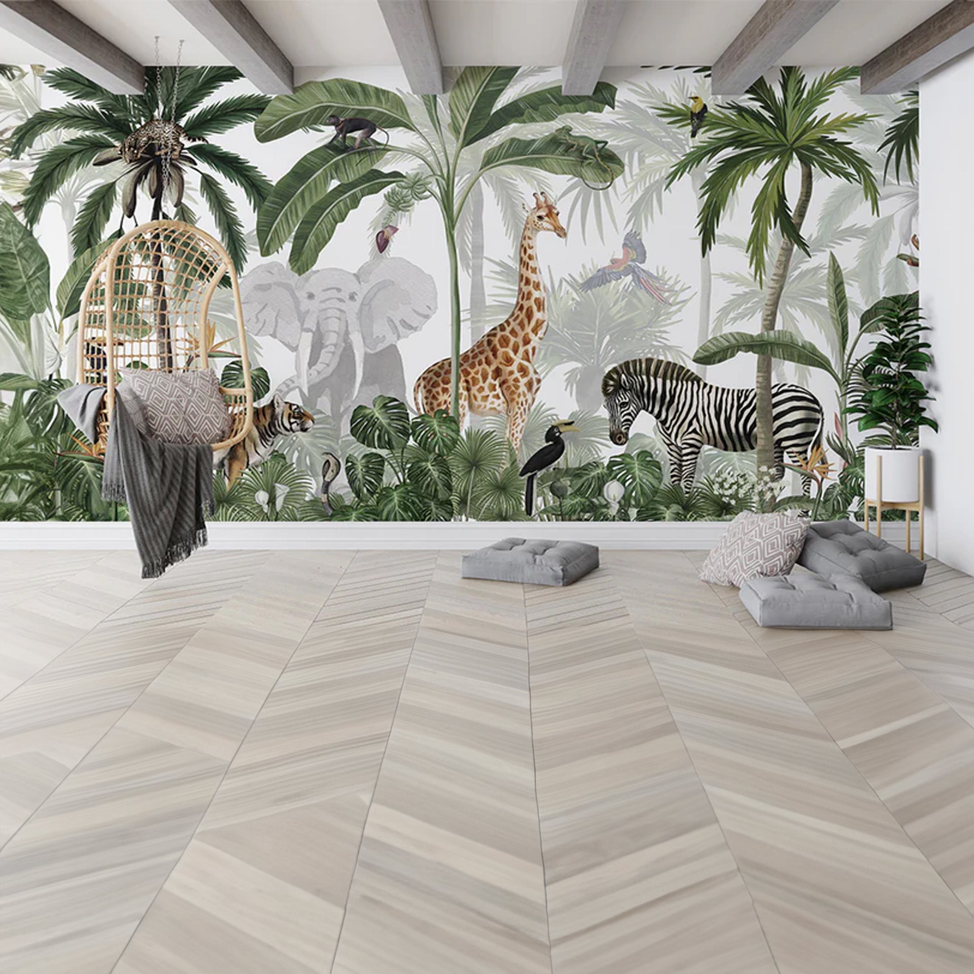 Jungle-Jive:Wallpaper With Giraffe Zebra Tiger Monkey Parrot And Palm Trees In Lush Tropical Forest