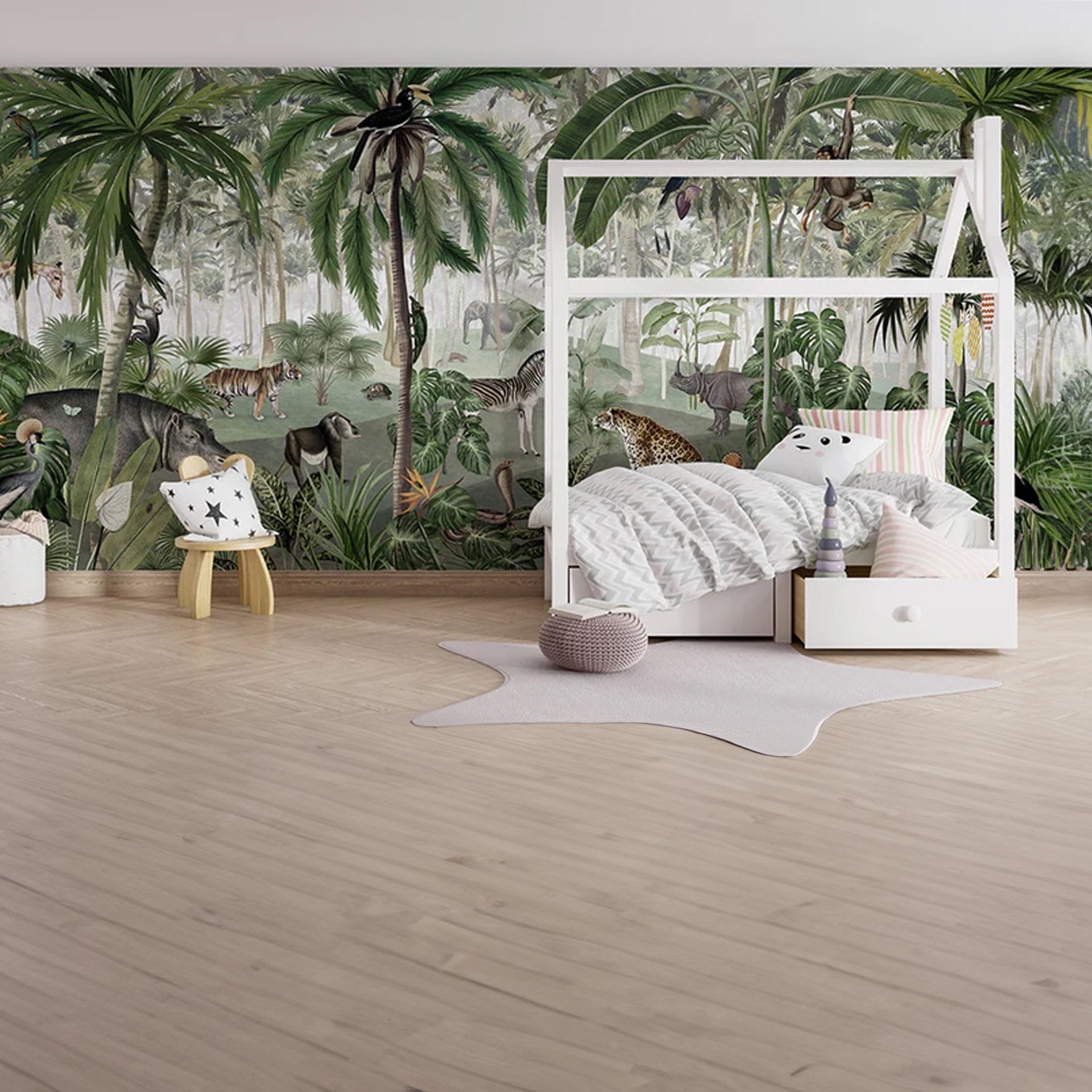 Jungle-Lookbook:Wallpaper With Diverse Animals, Lush Trees, And Hidden Flora For Nature Lovers