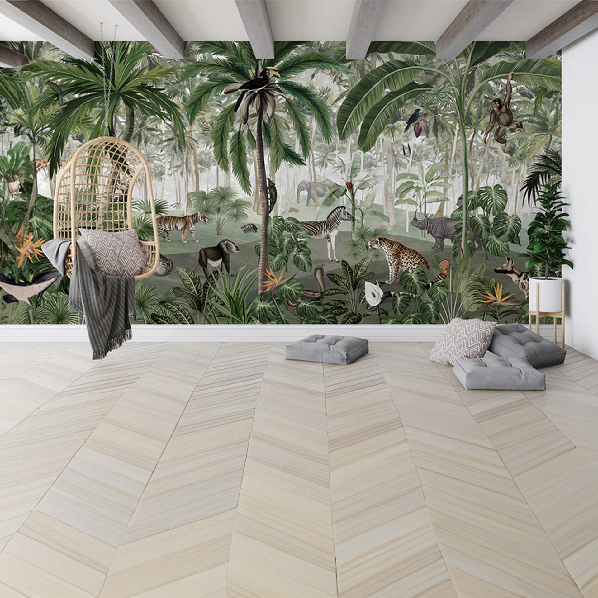 Jungle-Lookbook:Wallpaper With Diverse Animals, Lush Trees, And Hidden Flora For Nature Lovers