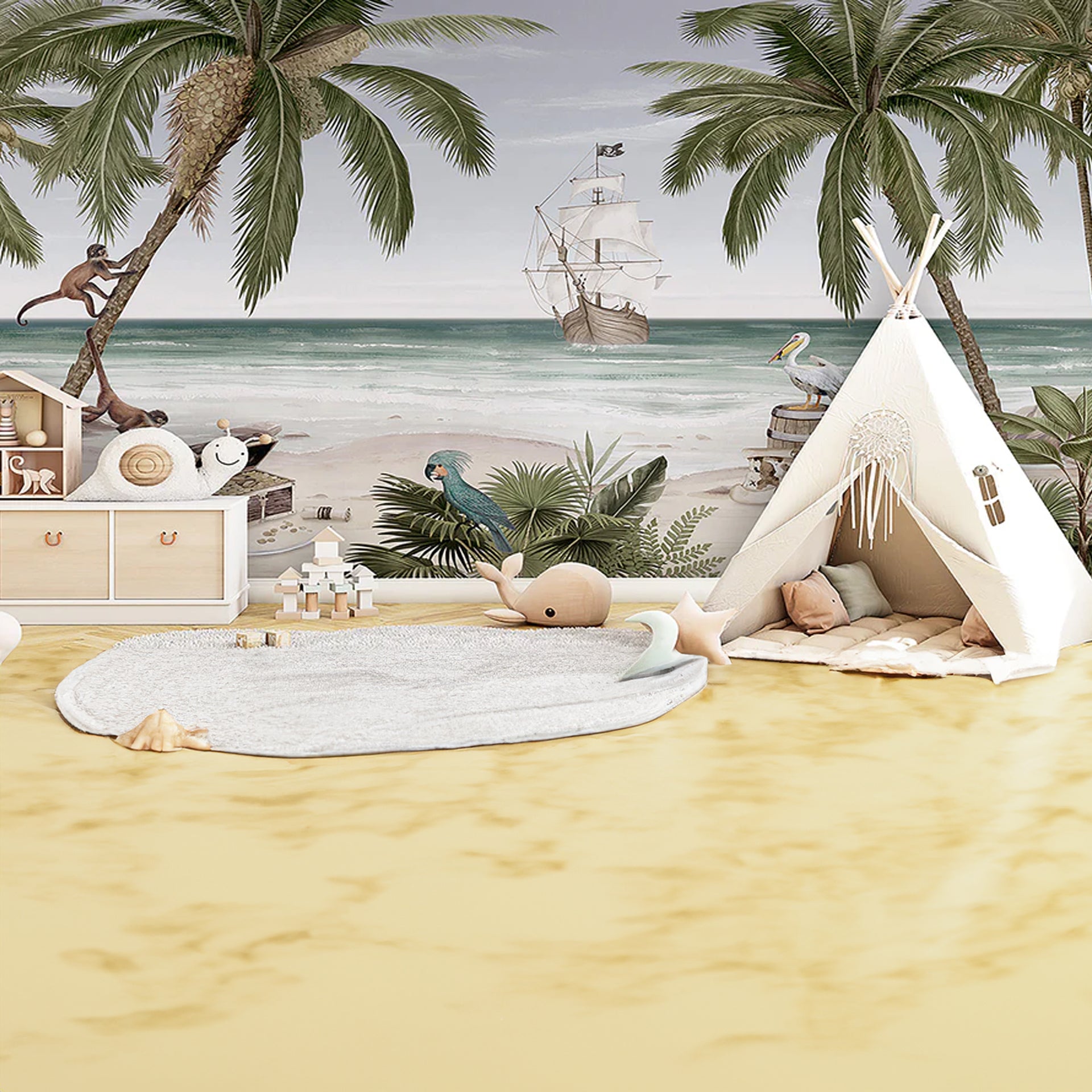 Pirate-Bay:Tropical Beach Wallpaper With Treasure, Ship, Monkeys, Parrot, and Palm Trees