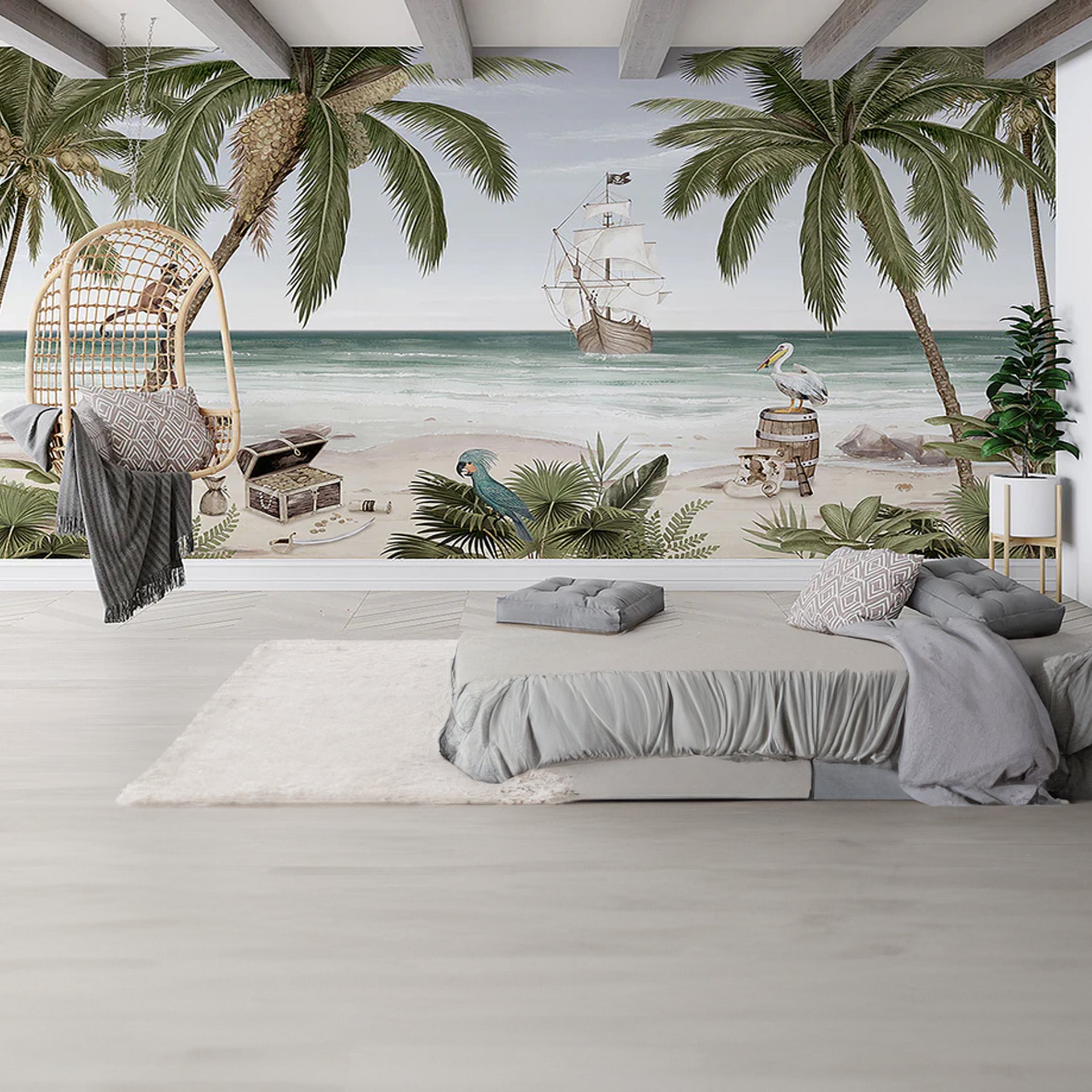 Pirate-Bay:Tropical Beach Wallpaper With Treasure, Ship, Monkeys, Parrot, and Palm Trees