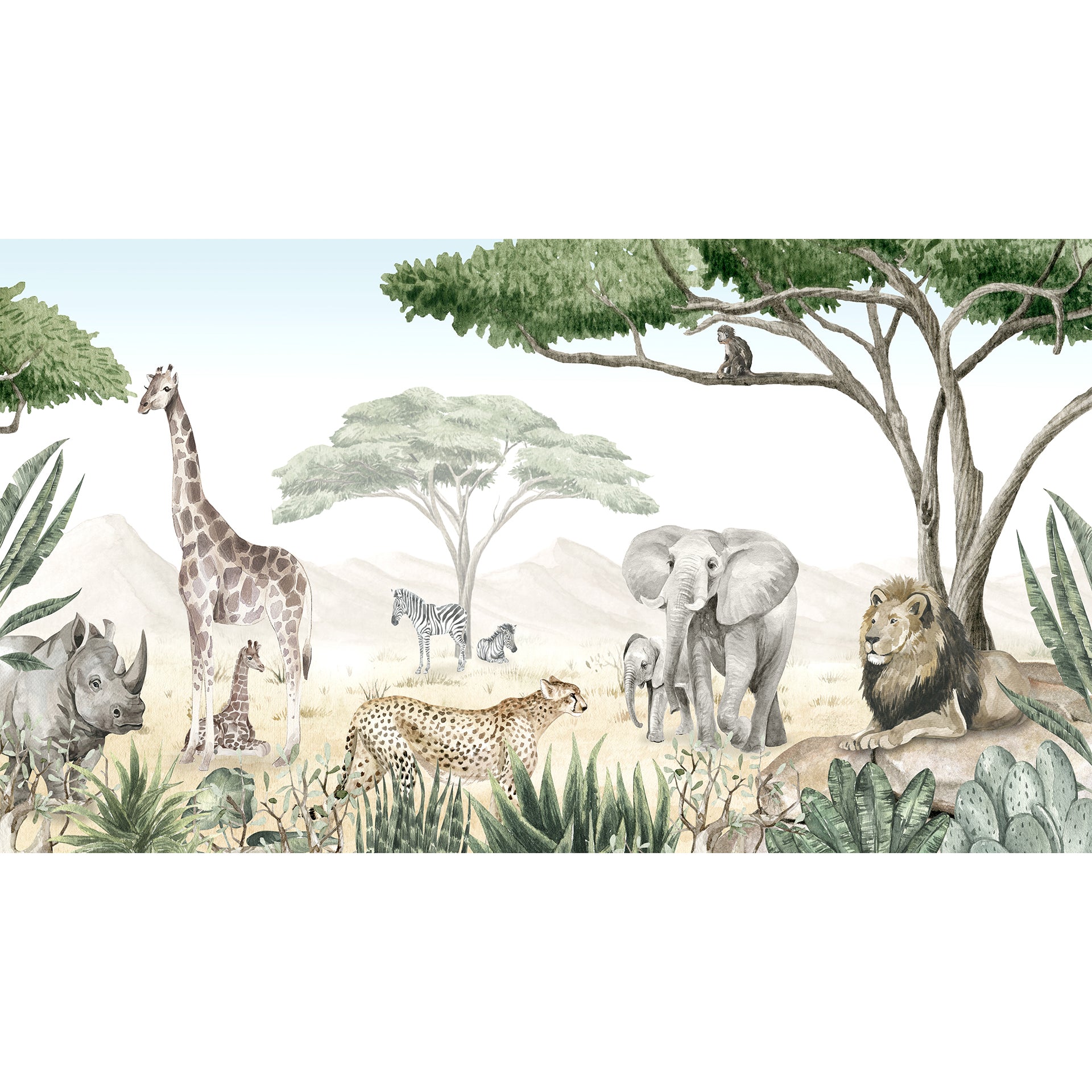 Savannah-Jive:Wildlife Wallpaper With Giraffes, Lions, Elephants, Zebras, and Monkeys in a Lush Landscape