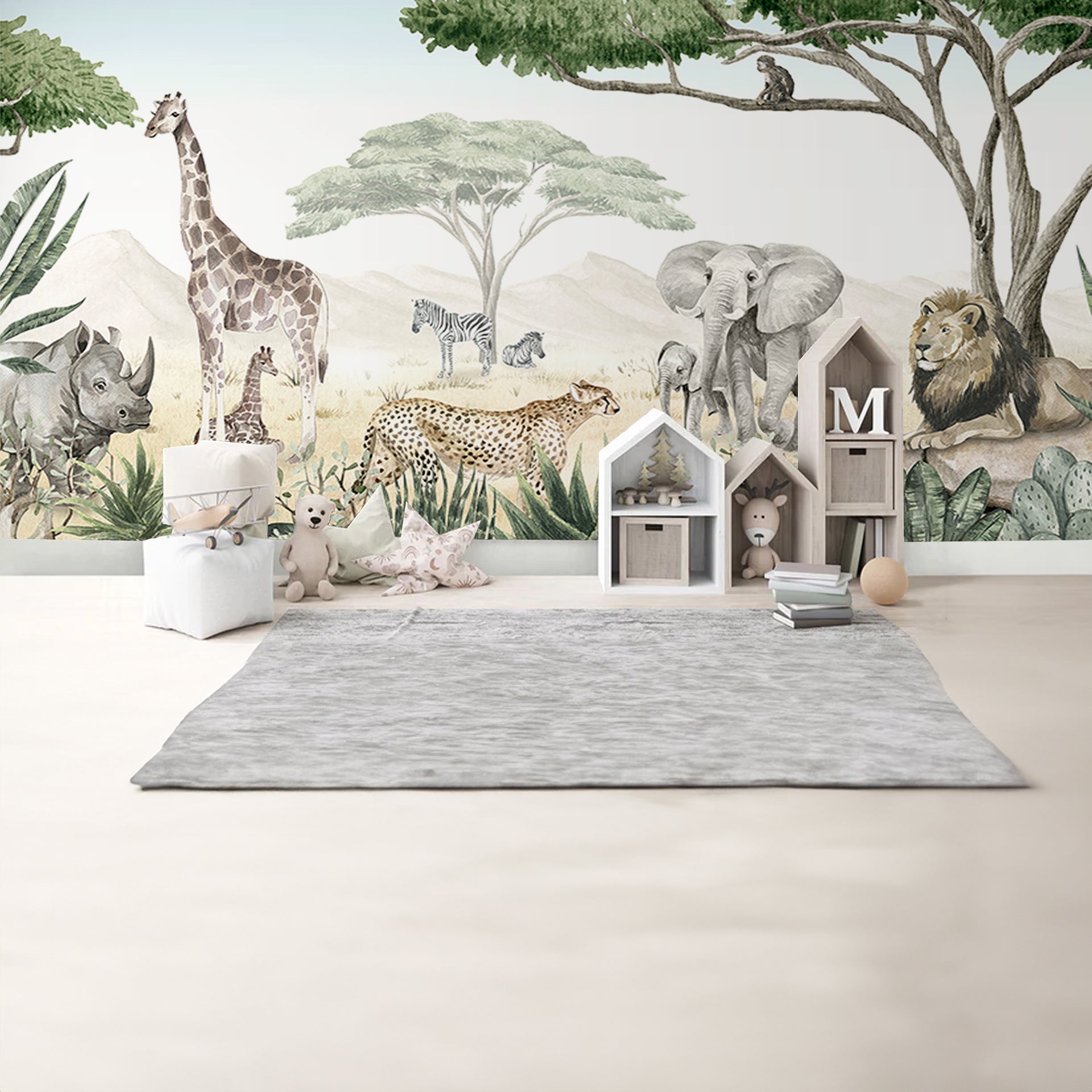 Savannah-Jive:Wildlife Wallpaper With Giraffes, Lions, Elephants, Zebras, and Monkeys in a Lush Landscape