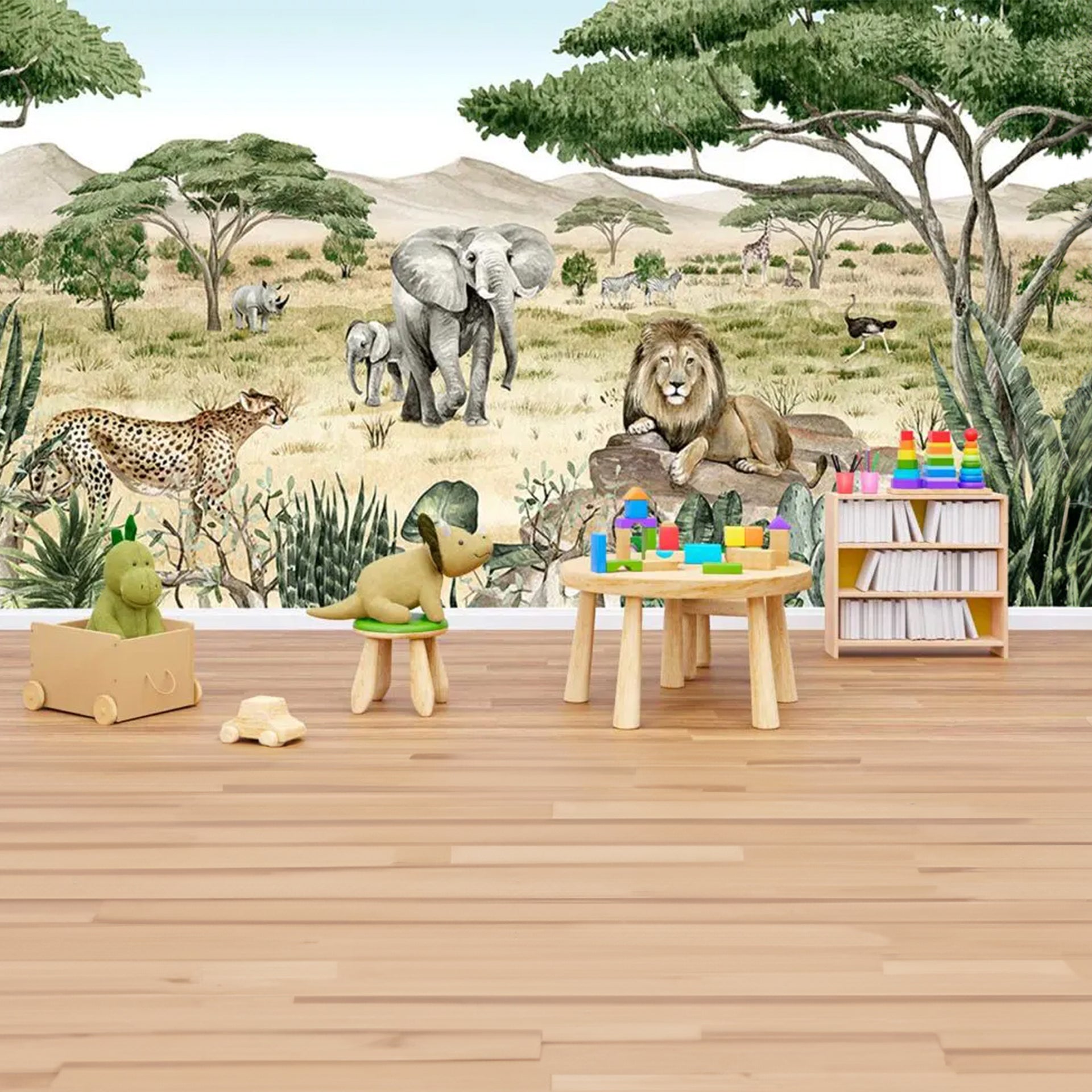 Savannah-Secrets:Watercolor Wallpaper With Elephant, Lion, Cheetah, Giraffe, and Zebra In Panoramic Landscape