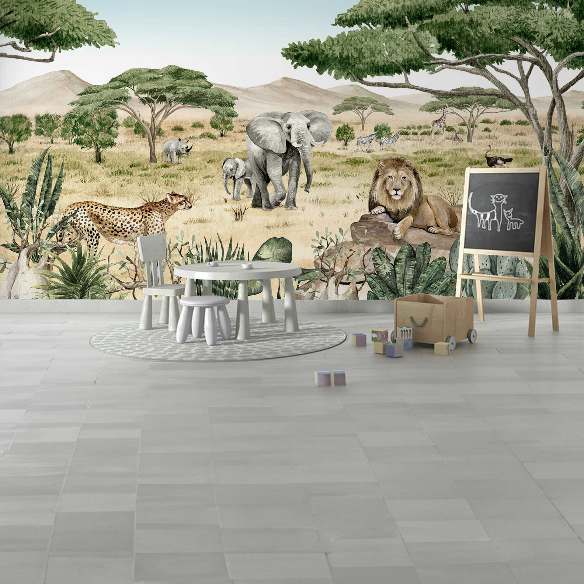 Savannah-Secrets:Watercolor Wallpaper With Elephant, Lion, Cheetah, Giraffe, and Zebra In Panoramic Landscape