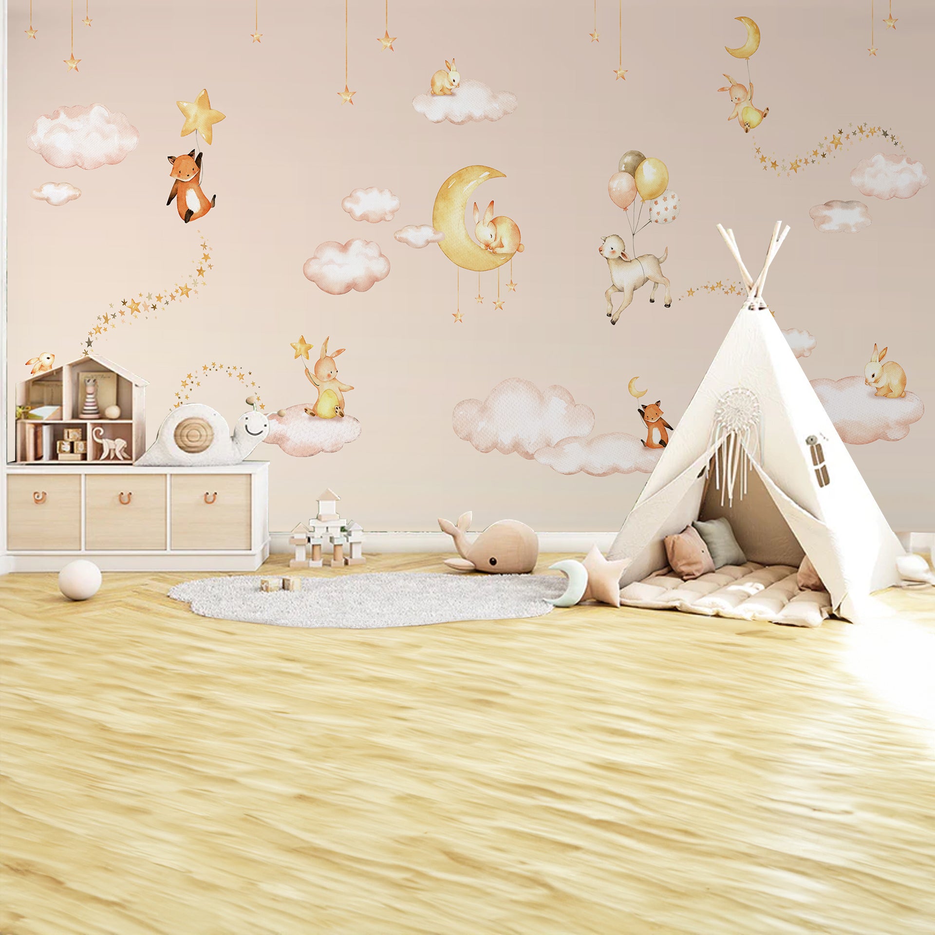 Sweet-Dreams: Whimsical Wallpaper With Rabbits, Clouds, Moon, Stars, and Balloons in Soft Pastel Tones