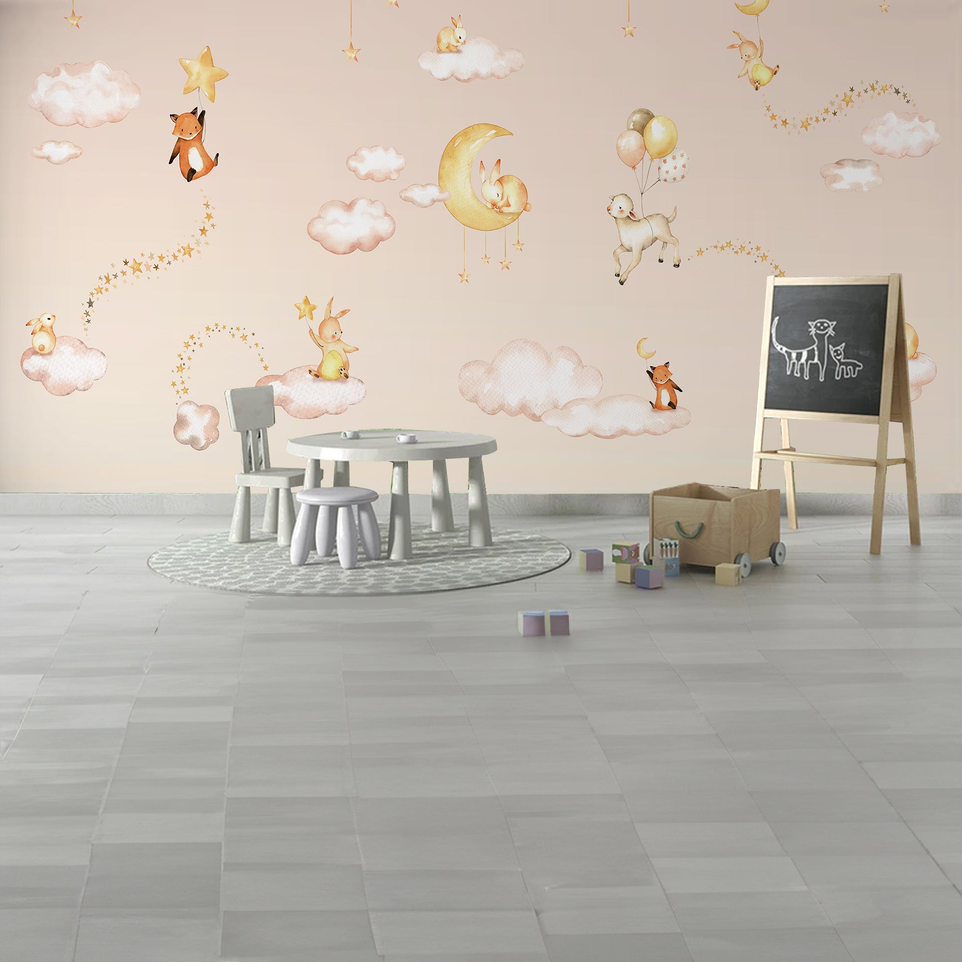 Sweet-Dreams: Whimsical Wallpaper With Rabbits, Clouds, Moon, Stars, and Balloons in Soft Pastel Tones