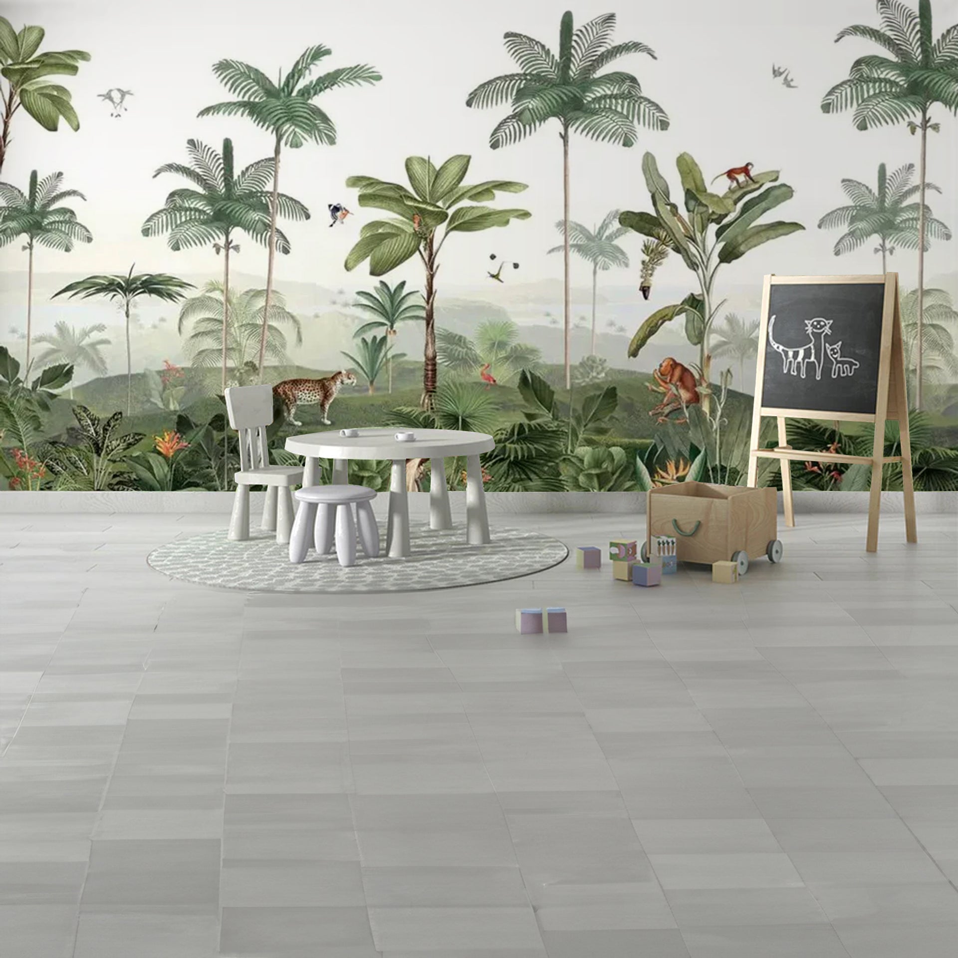 Thrilling-Tropics: Tropical Jungle Wallpaper With Palm Trees, Monkeys, Birds, in a Rainforest