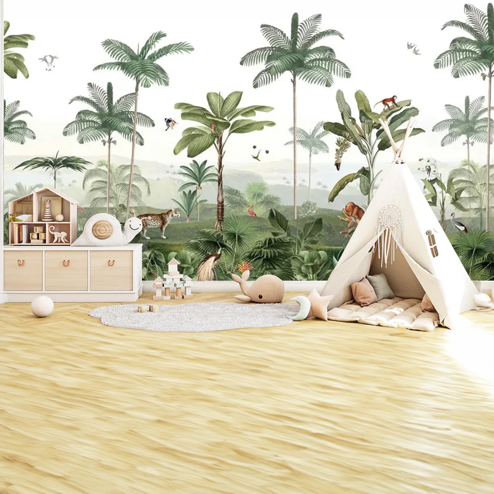 Thrilling-Tropics: Tropical Jungle Wallpaper With Palm Trees, Monkeys, Birds, in a Rainforest