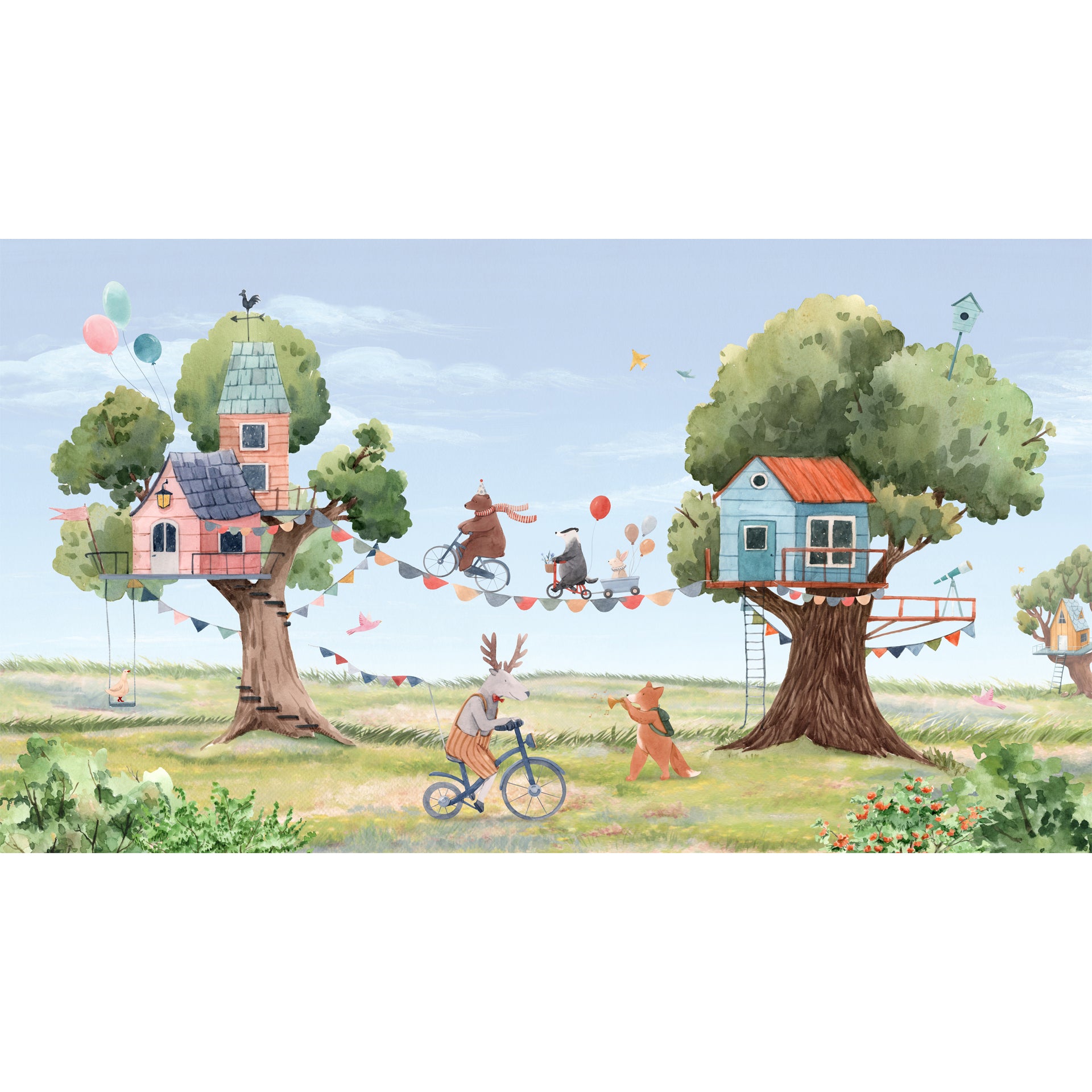 Tree-House-Party: Whimsical wallpaper With Biking Friends, Balloons, and Playful Animals