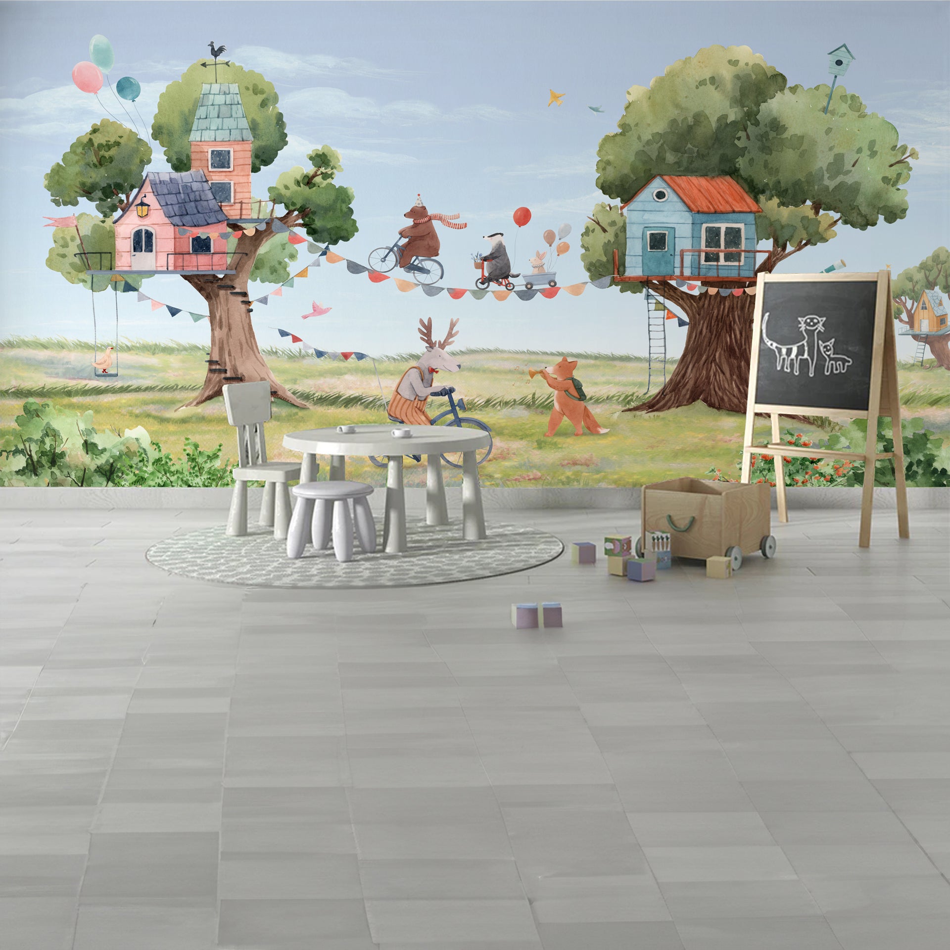 Tree-House-Party: Whimsical wallpaper With Biking Friends, Balloons, and Playful Animals