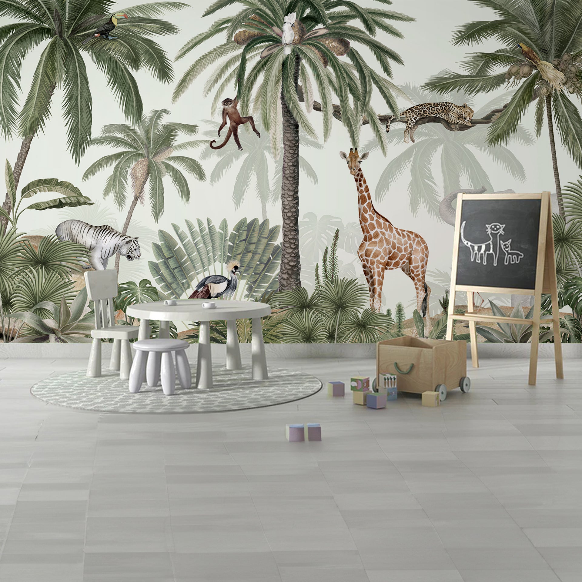 Tropical-Jive: Tropical Wallpaper With Giraffe, Elephant, Tiger, Leopard, Monkeys