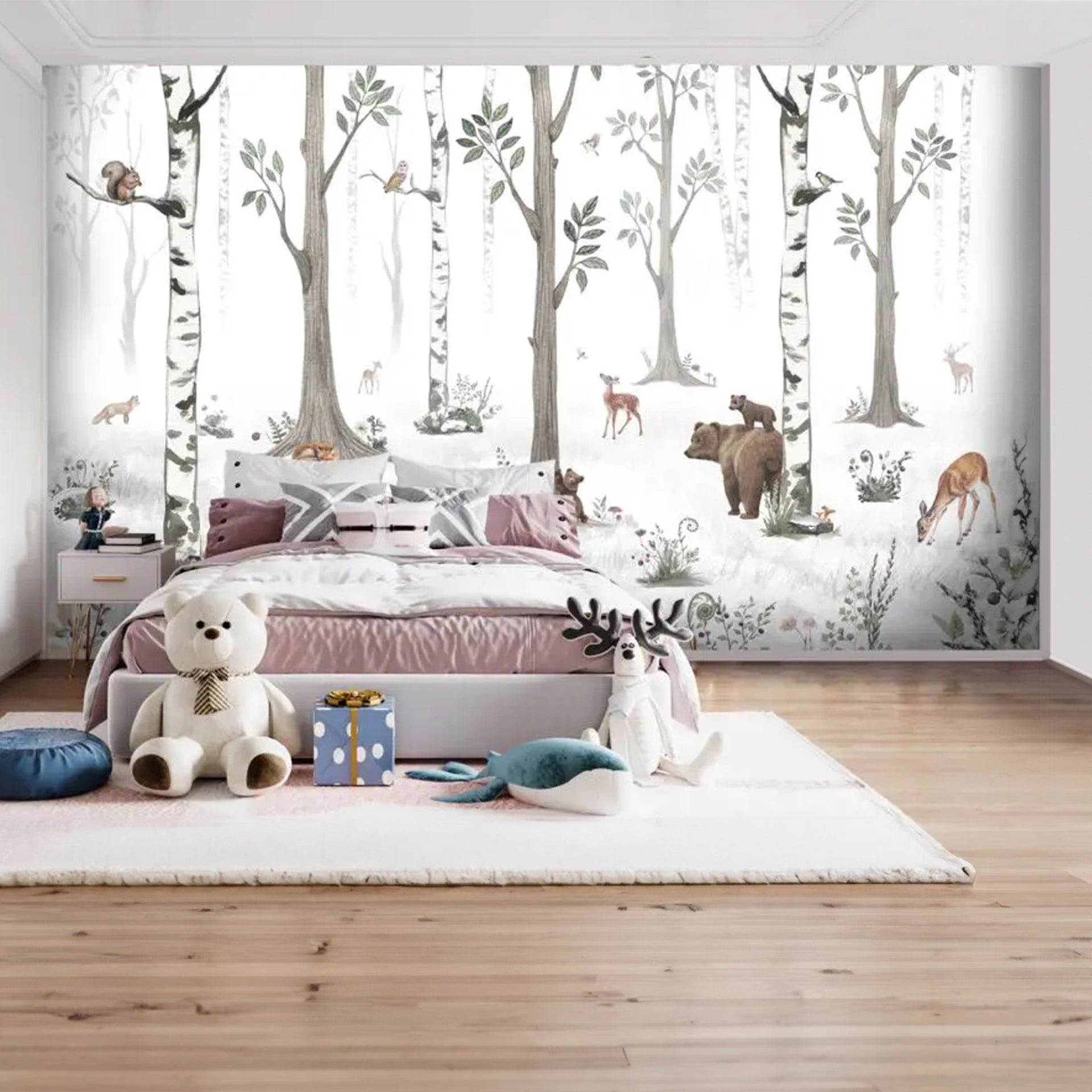 White-Forest: Serene Wallpaper With Deer Bears Squirrels And Birds In Calm Spring Landscape