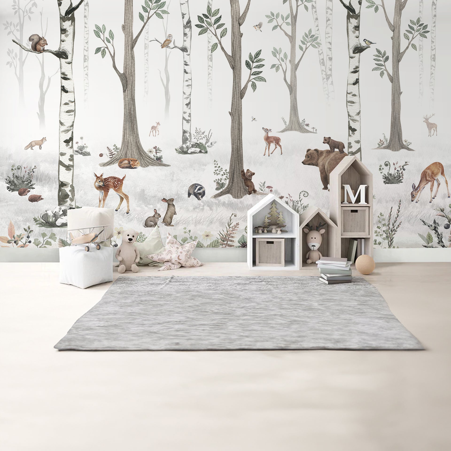 White-Forest: Serene Wallpaper With Deer Bears Squirrels And Birds In Calm Spring Landscape