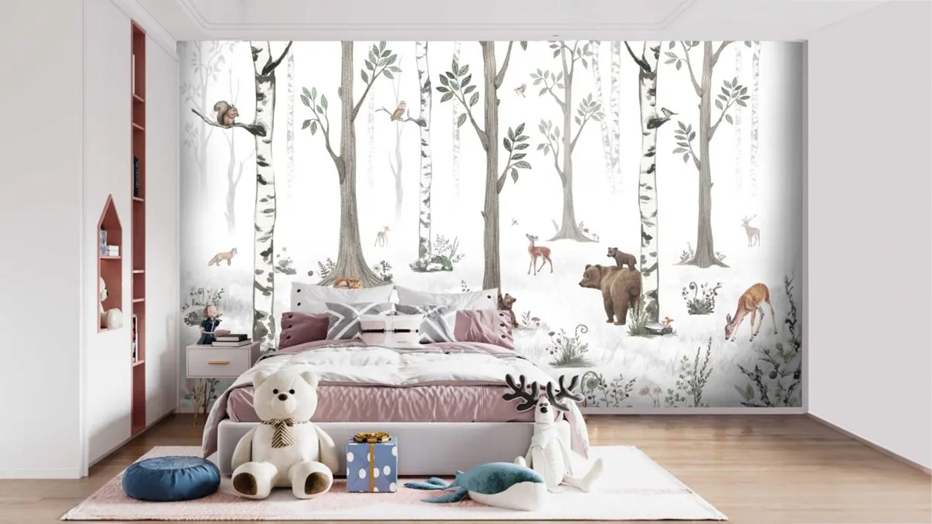 white forest wallpaper for kids room with animals