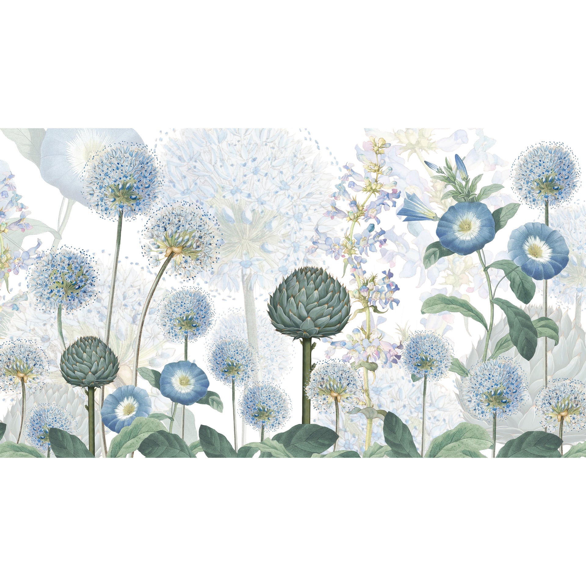 Botanical Wallpaper design with Blue and Green Blooms