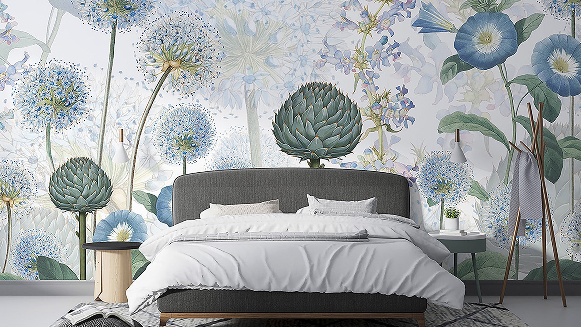 Botanical Wallpaper design with Blue and Green Blooms