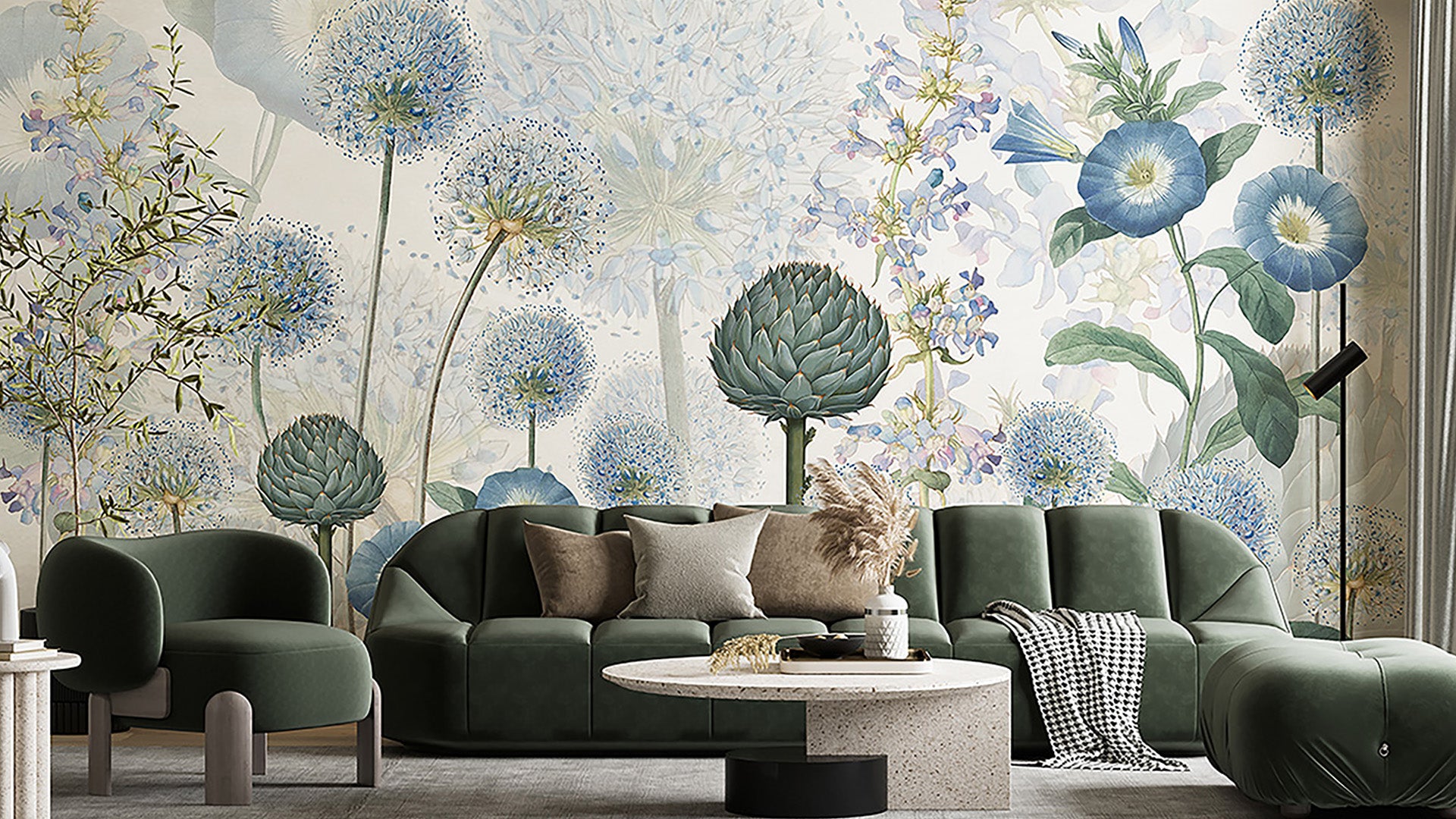 Botanical Wallpaper design with Blue and Green Blooms