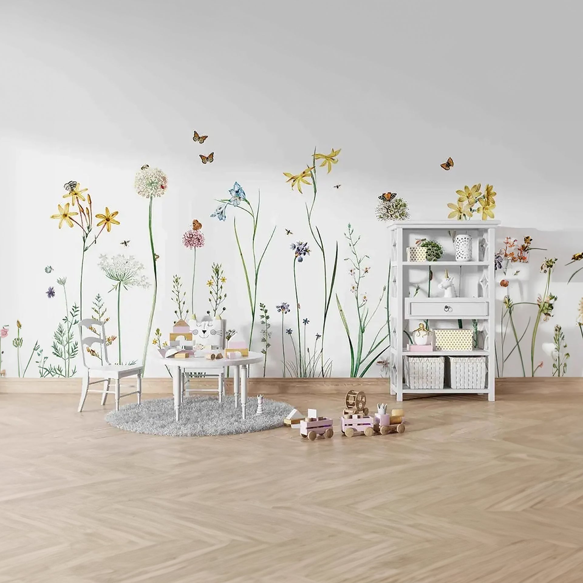 Wildflowers Wallpaper for Walls with Butterflies and Bees