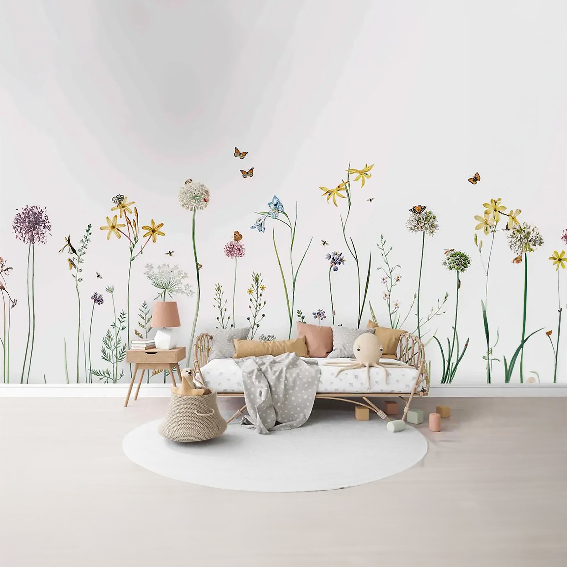 Wildflowers Wallpaper for Walls with Butterflies and Bees