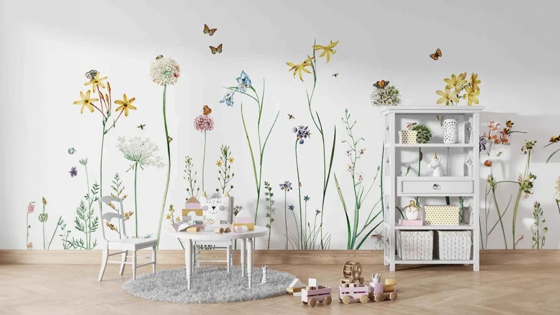 Wildflowers Wallpaper for Walls with Butterflies and Bees