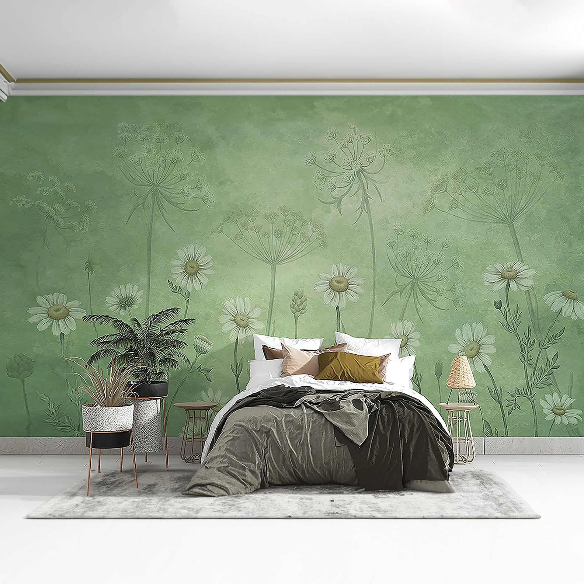 Vintage Field Wildflower with Green background Wallpaper for Walls