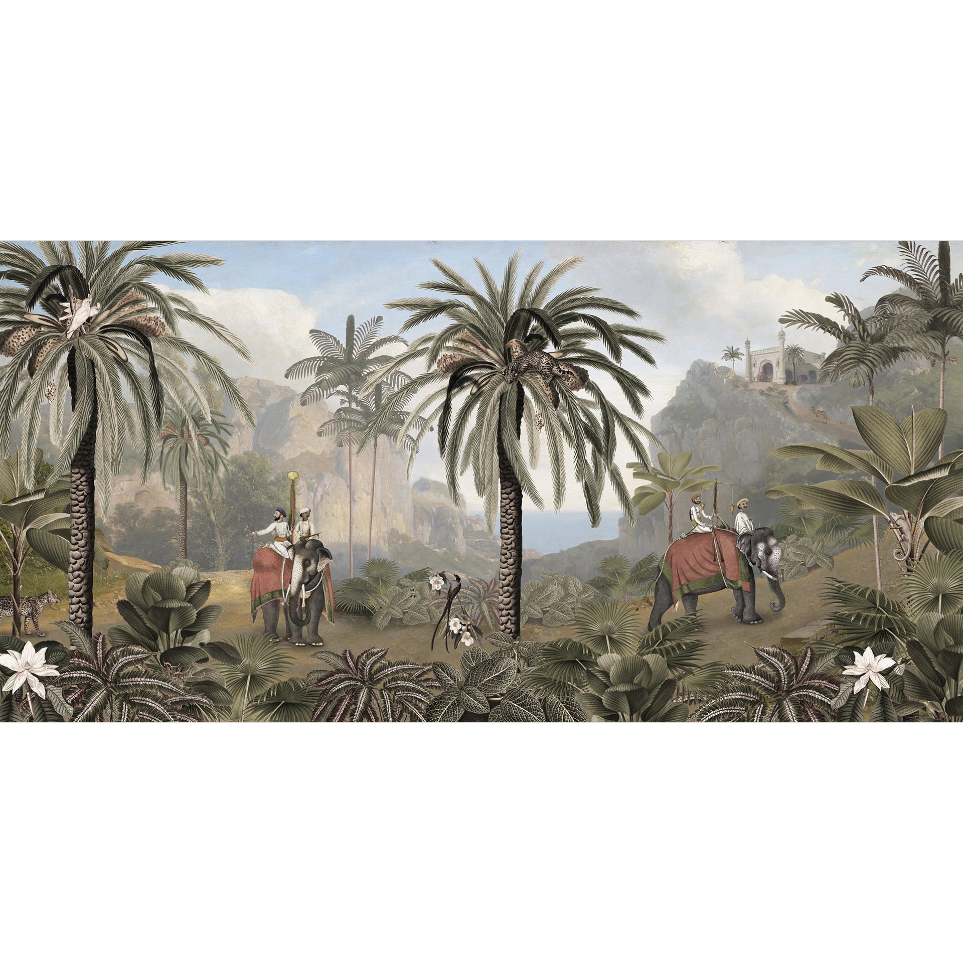 Forest Wallpaper with Elephants and leopards in the foreground