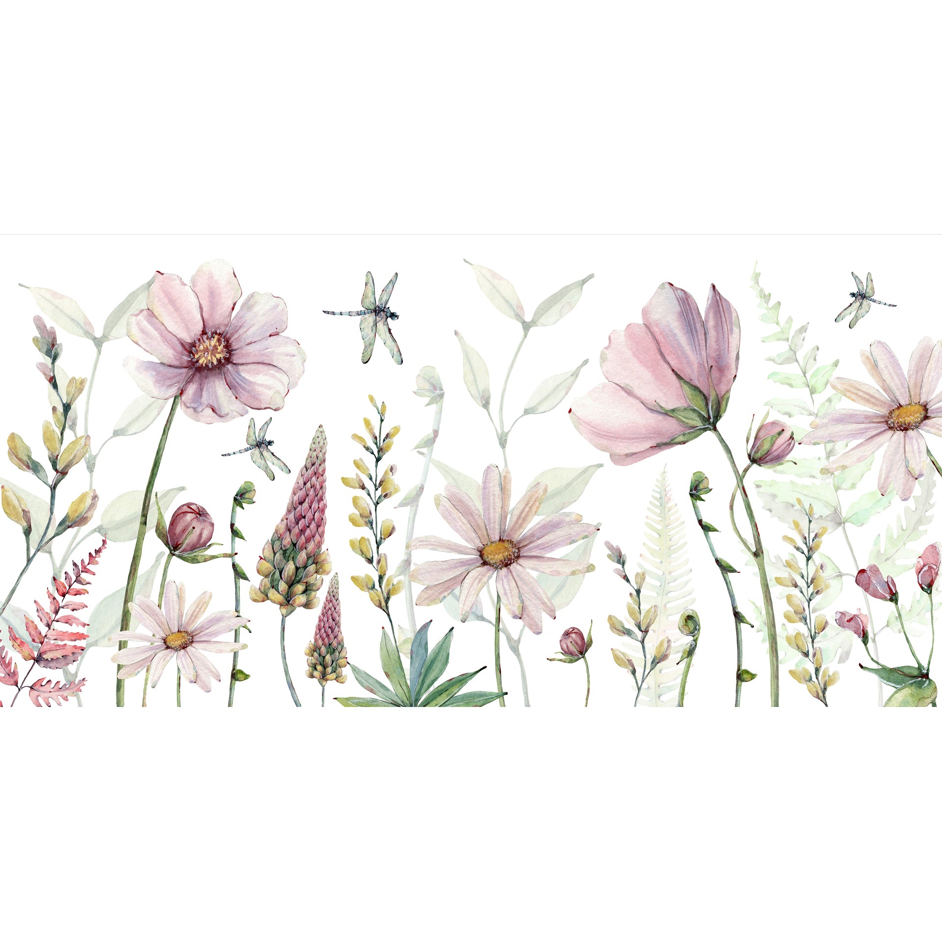 Botanical Garden Wallpaper with Blossoms and Dragonflies