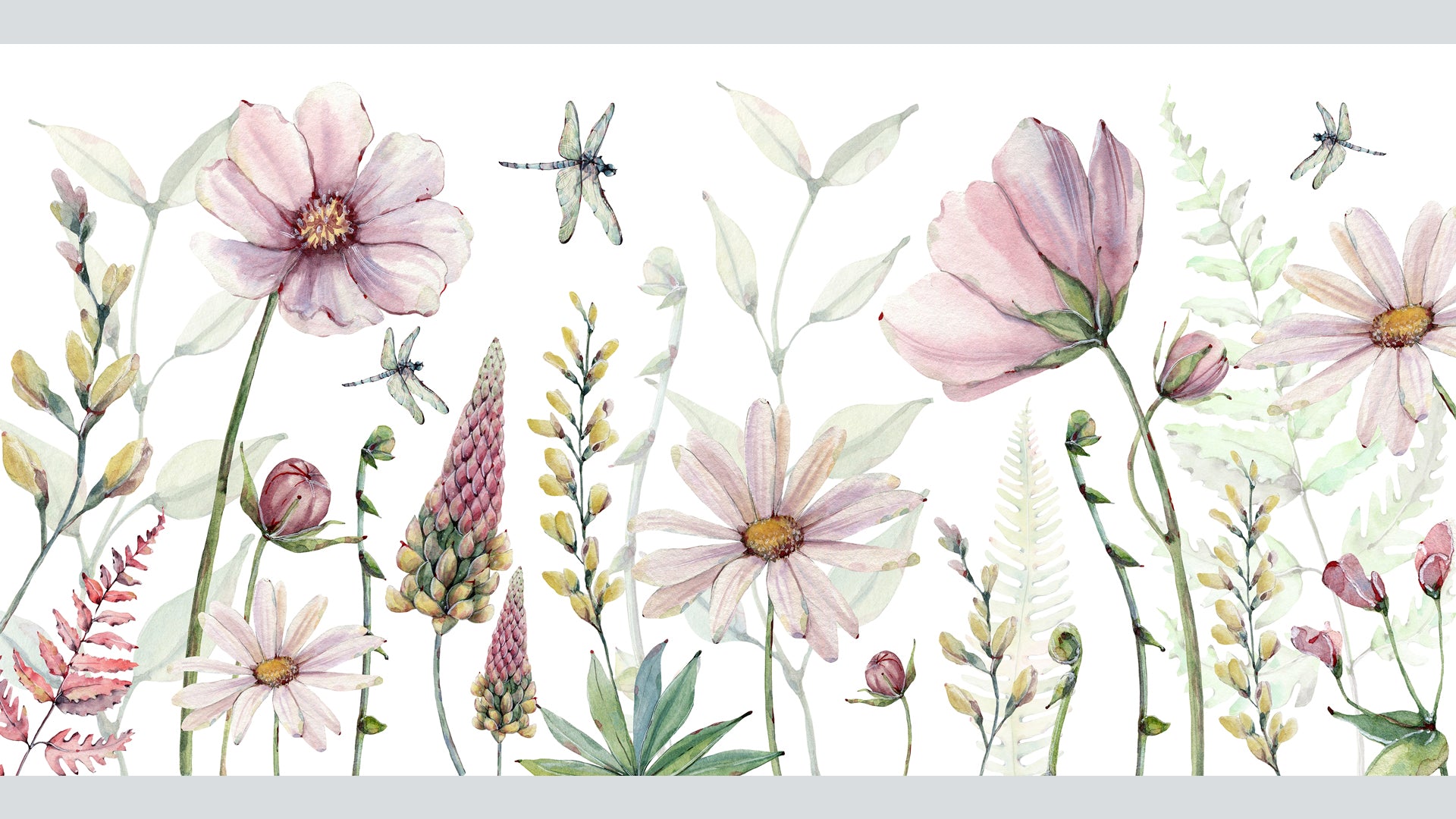 Botanical Garden Wallpaper with Blossoms and Dragonflies