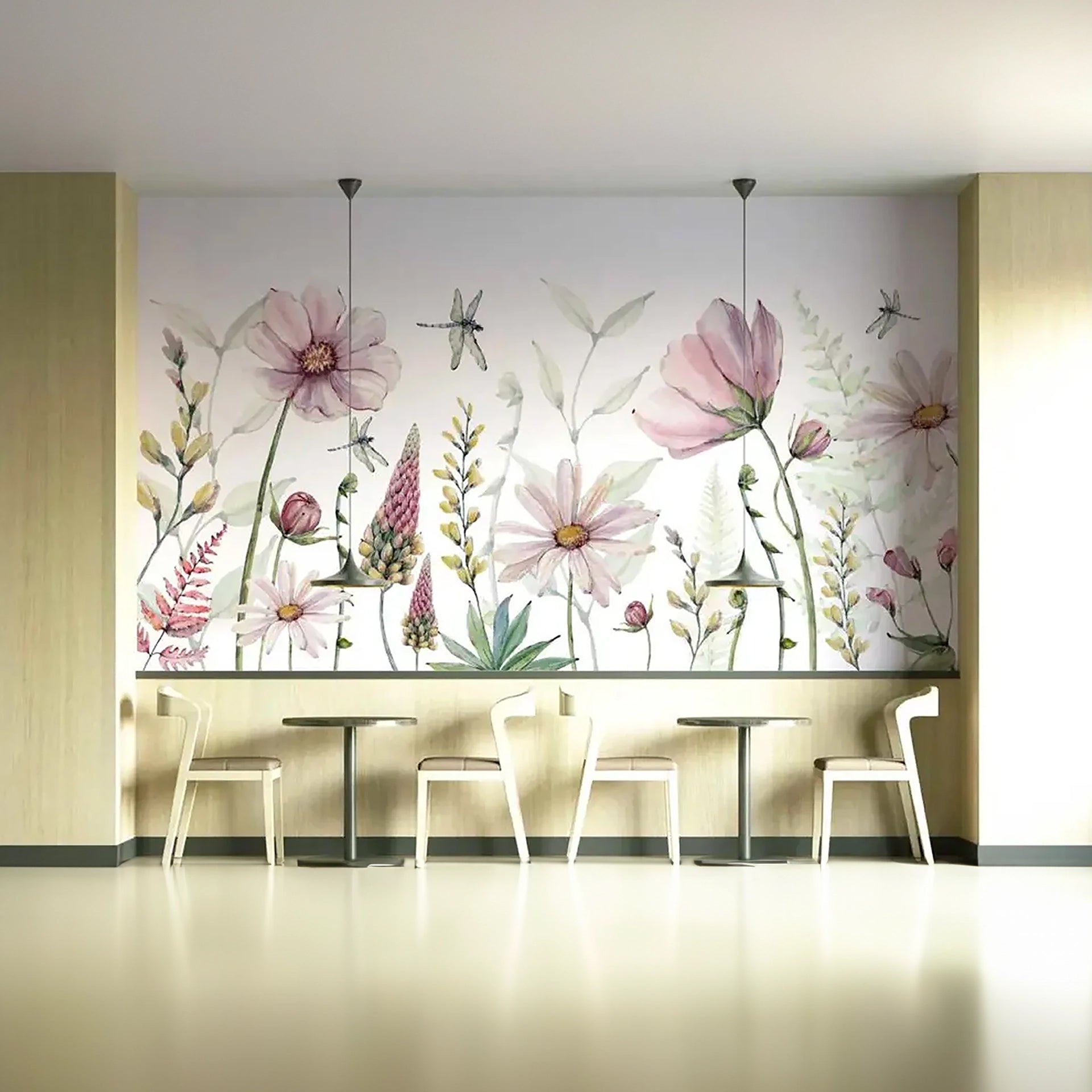Botanical Garden Wallpaper with Blossoms and Dragonflies