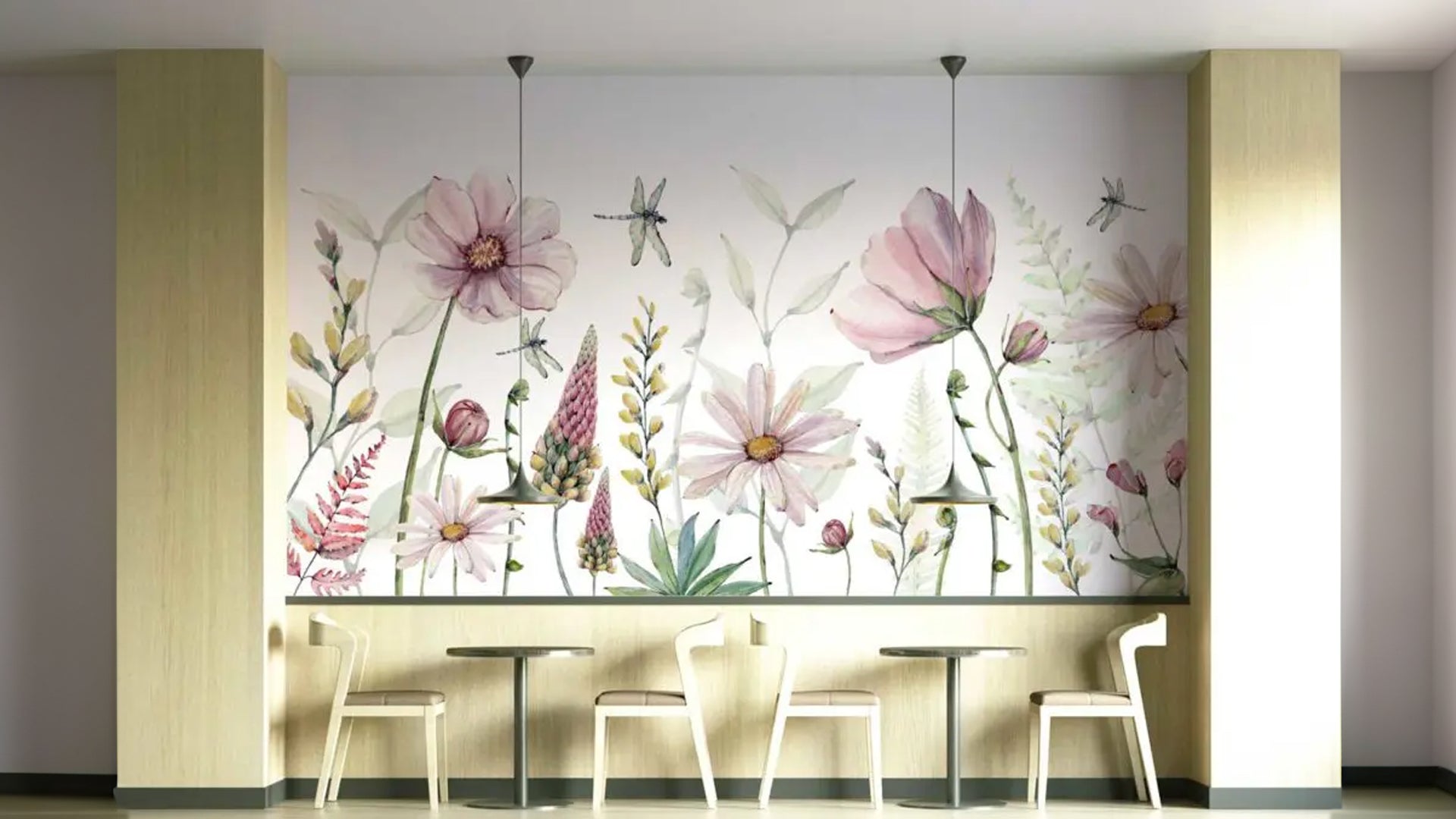 Botanical Garden Wallpaper with Blossoms and Dragonflies