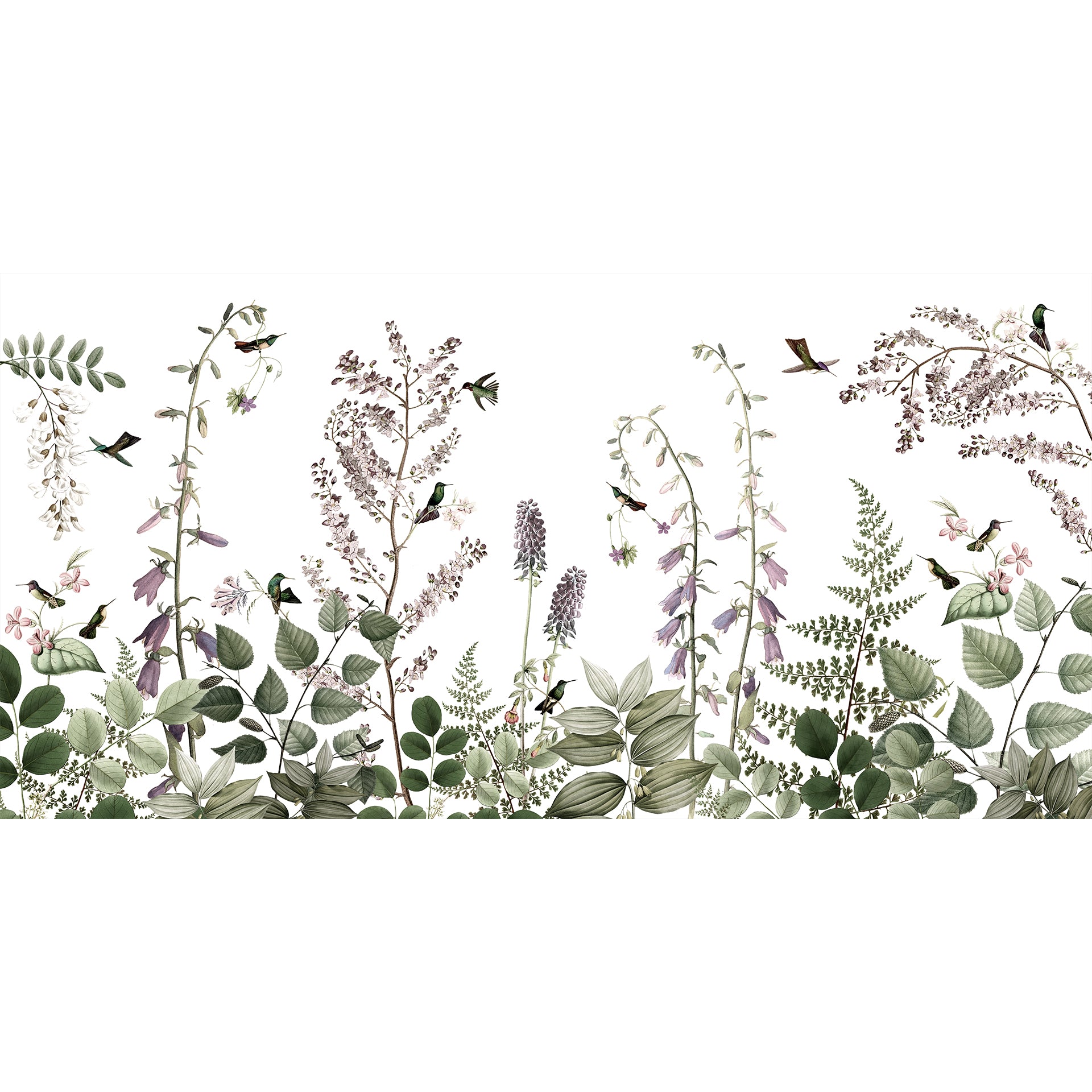 Botanical Scene with Vibrant Flowers and Hummingbirds in Harmony