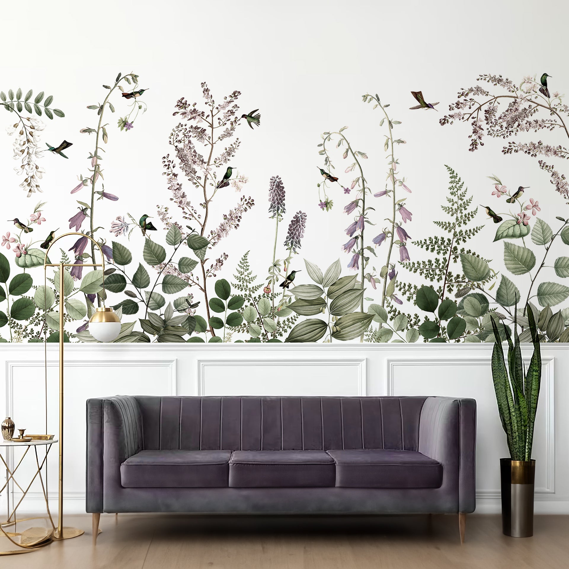 Botanical Scene with Vibrant Flowers and Hummingbirds in Harmony