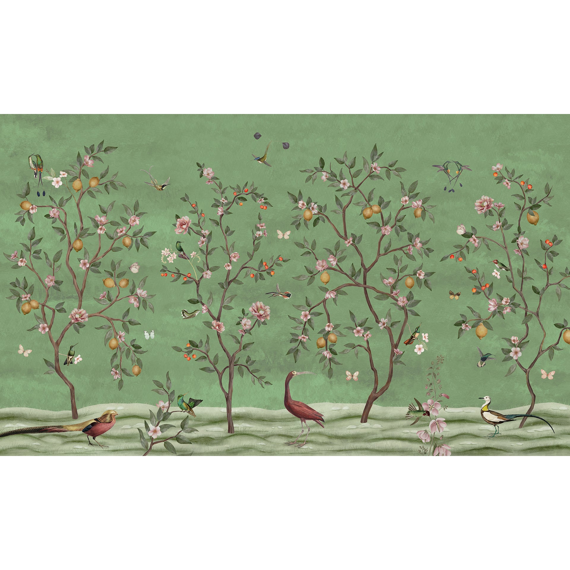 Green background lemon tree Wallpaper with Birds, Blossoms, and Butterflies