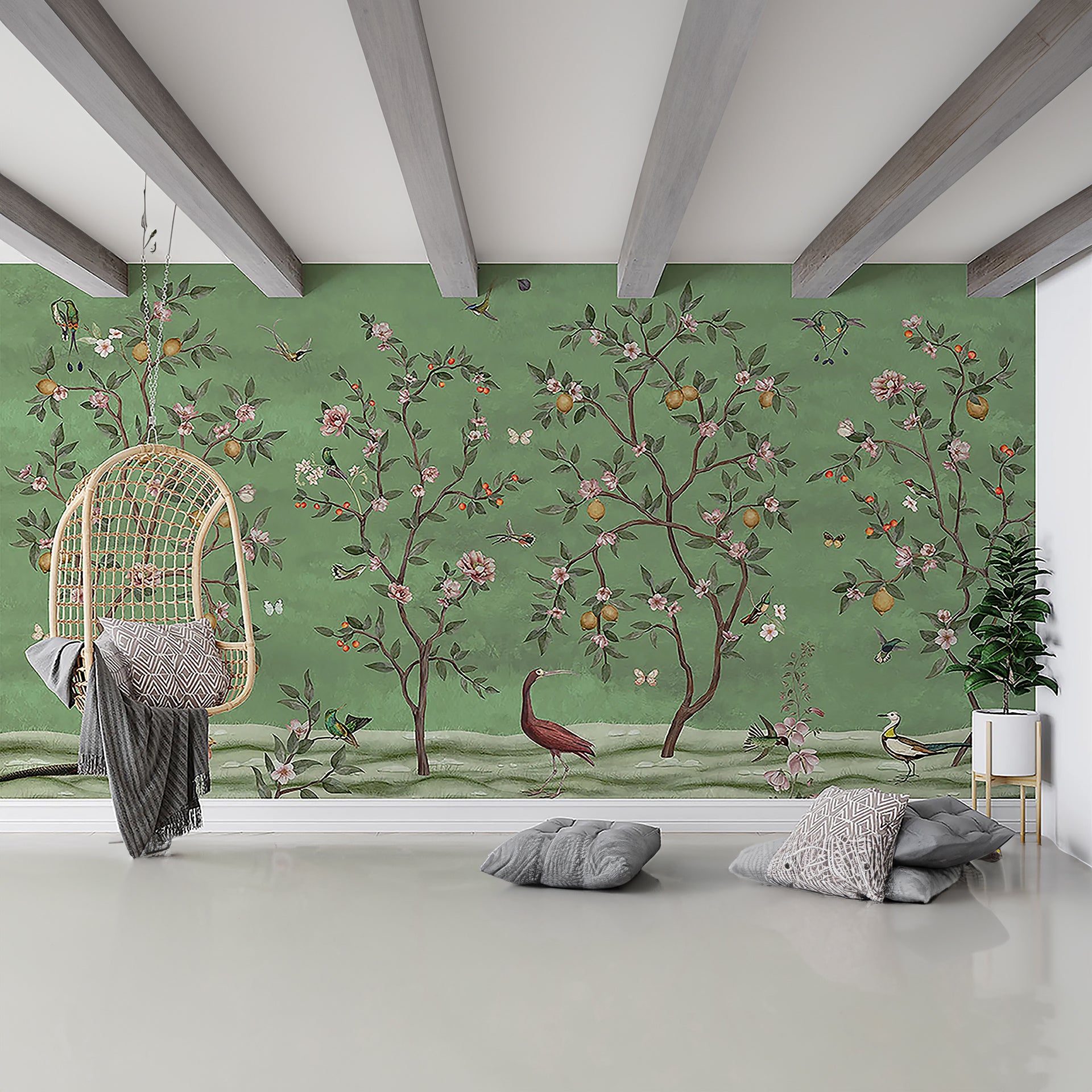 Green background lemon tree Wallpaper with Birds, Blossoms, and Butterflies