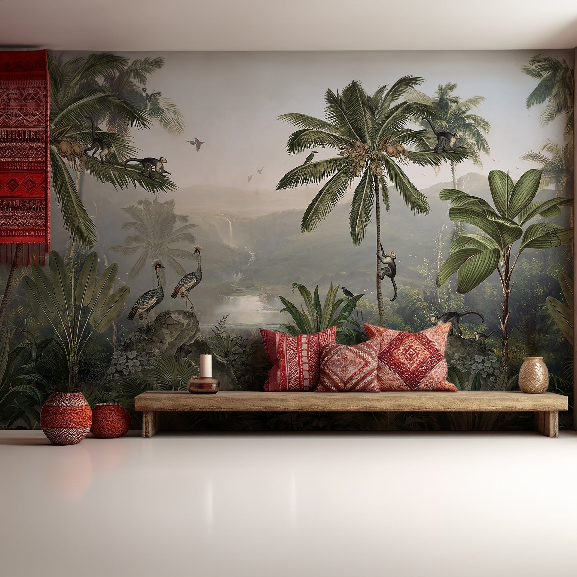 Tropical Rainforest Scene Featuring Wildlife with Birds, Monkeys, and Lush Foliage
