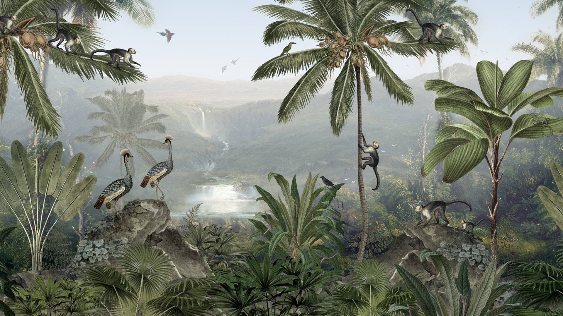 Tropical Rainforest Scene Featuring Wildlife with Birds, Monkeys, and Lush Foliage