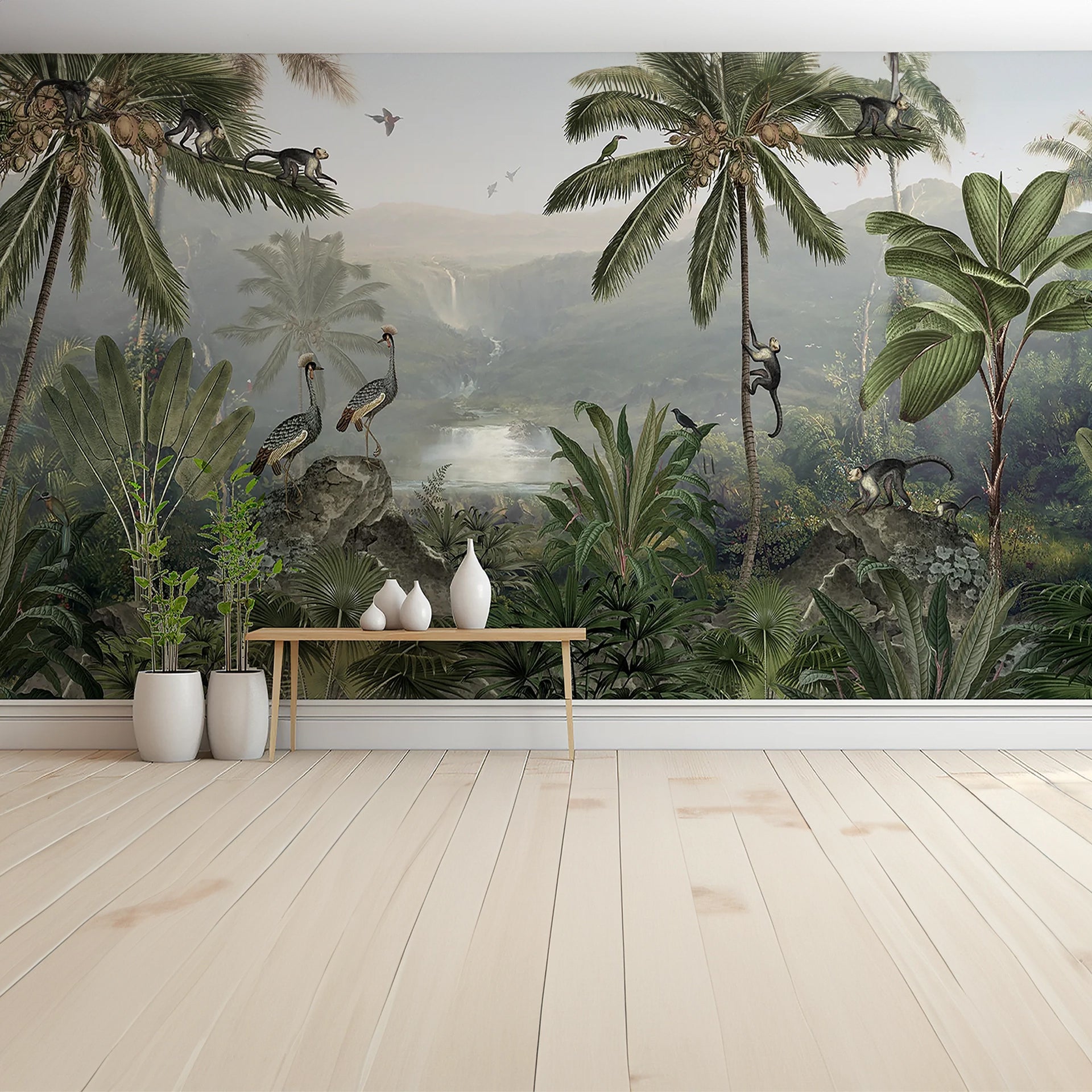 Tropical Rainforest Scene Featuring Wildlife with Birds, Monkeys, and Lush Foliage