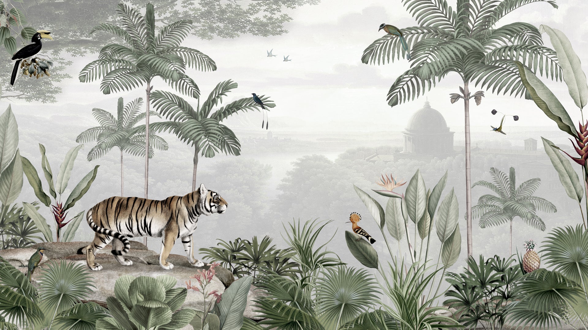 Tropical Wallpaper Mural with a White Tiger in Exotic Landscape