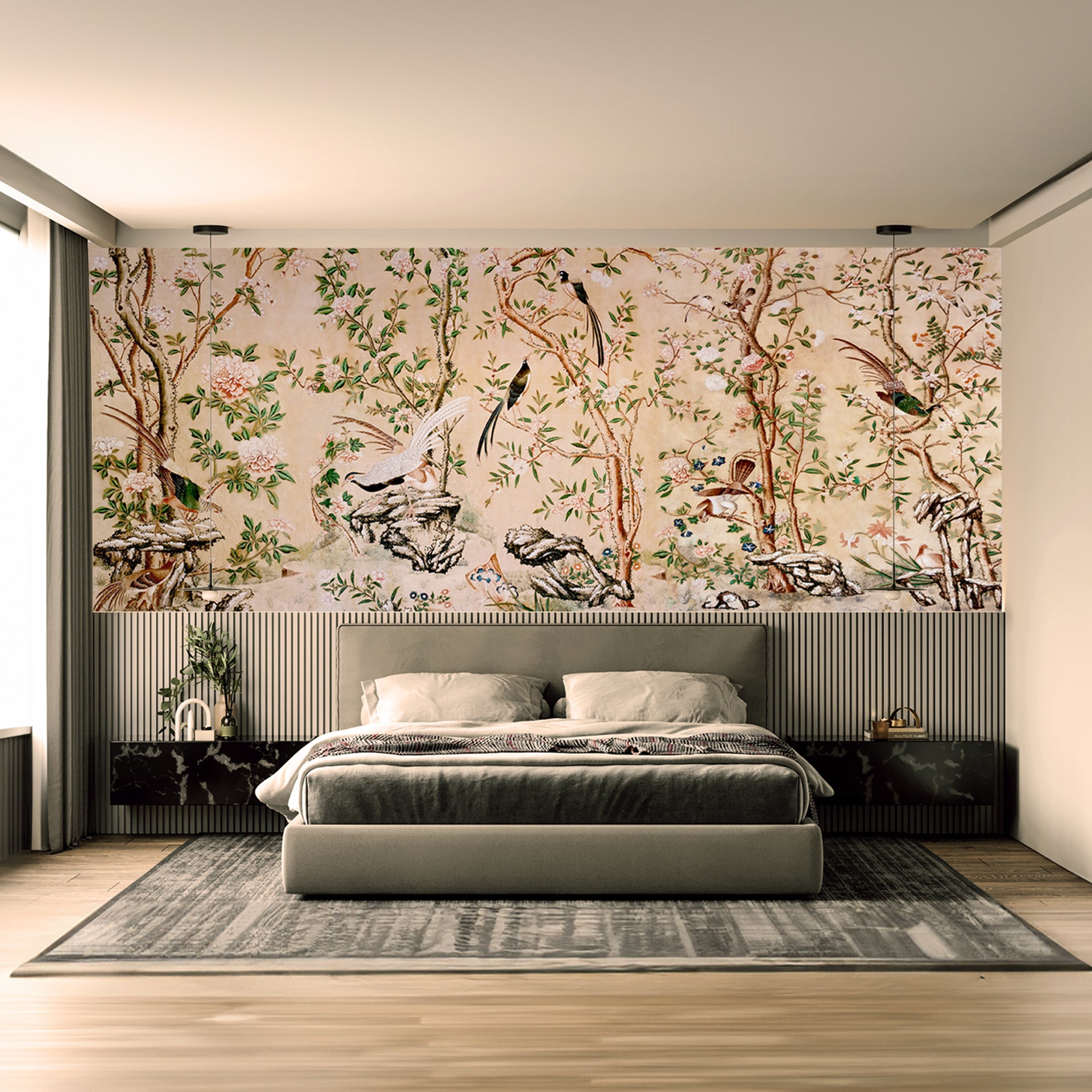 Japanese trees & birds chinoiserie wallpaper