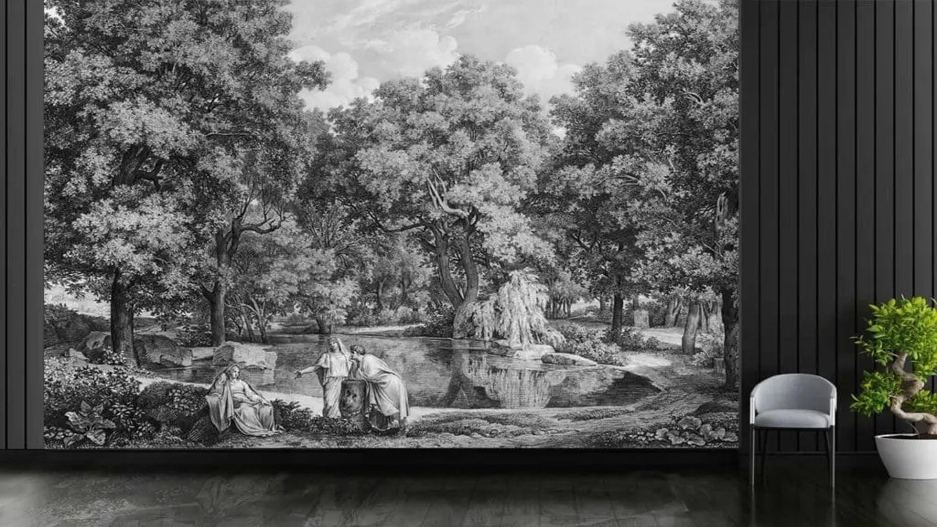 Black and white lakeside talk wallpaper Mural for walls