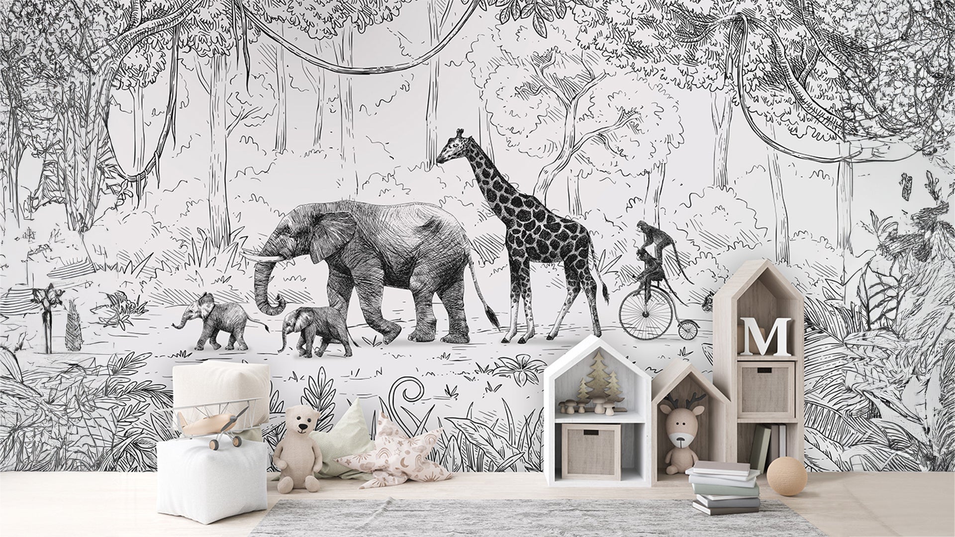 black and white animal parade wallpaper for kids