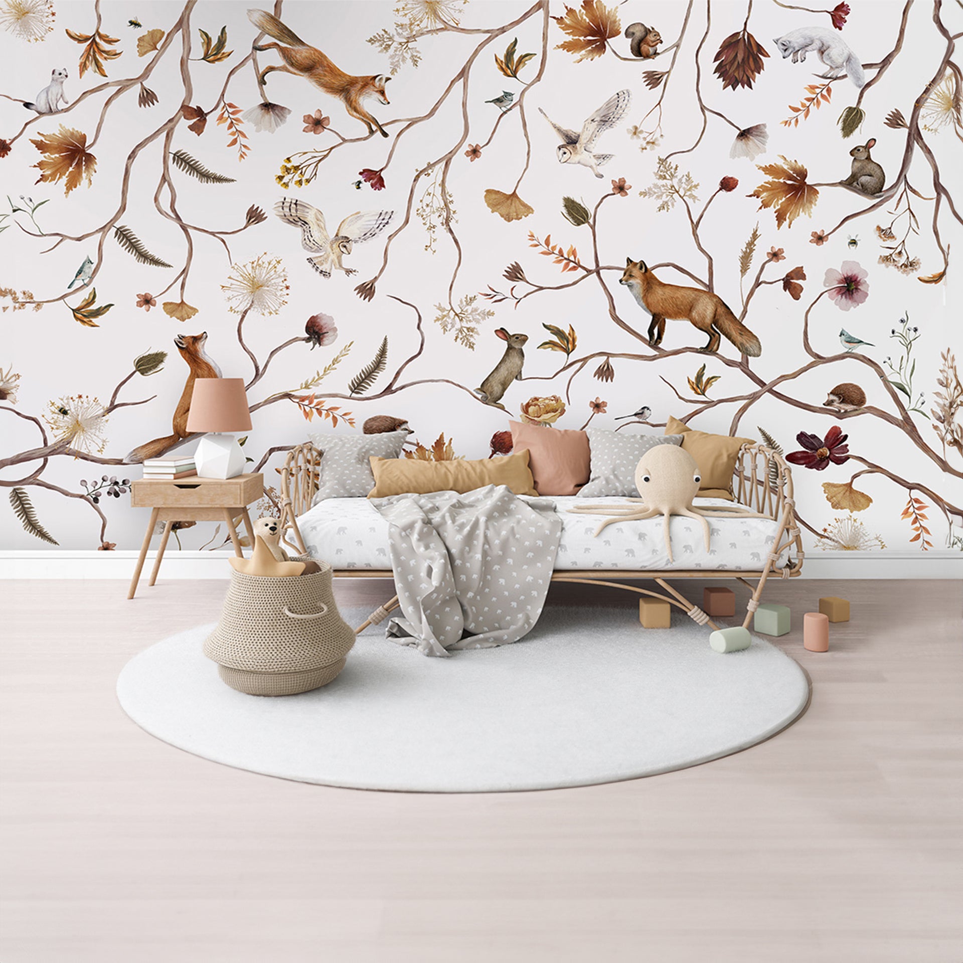 Playful-Forest: Autumn Forest Branches With Foxes Squirrels Birds And Flowers