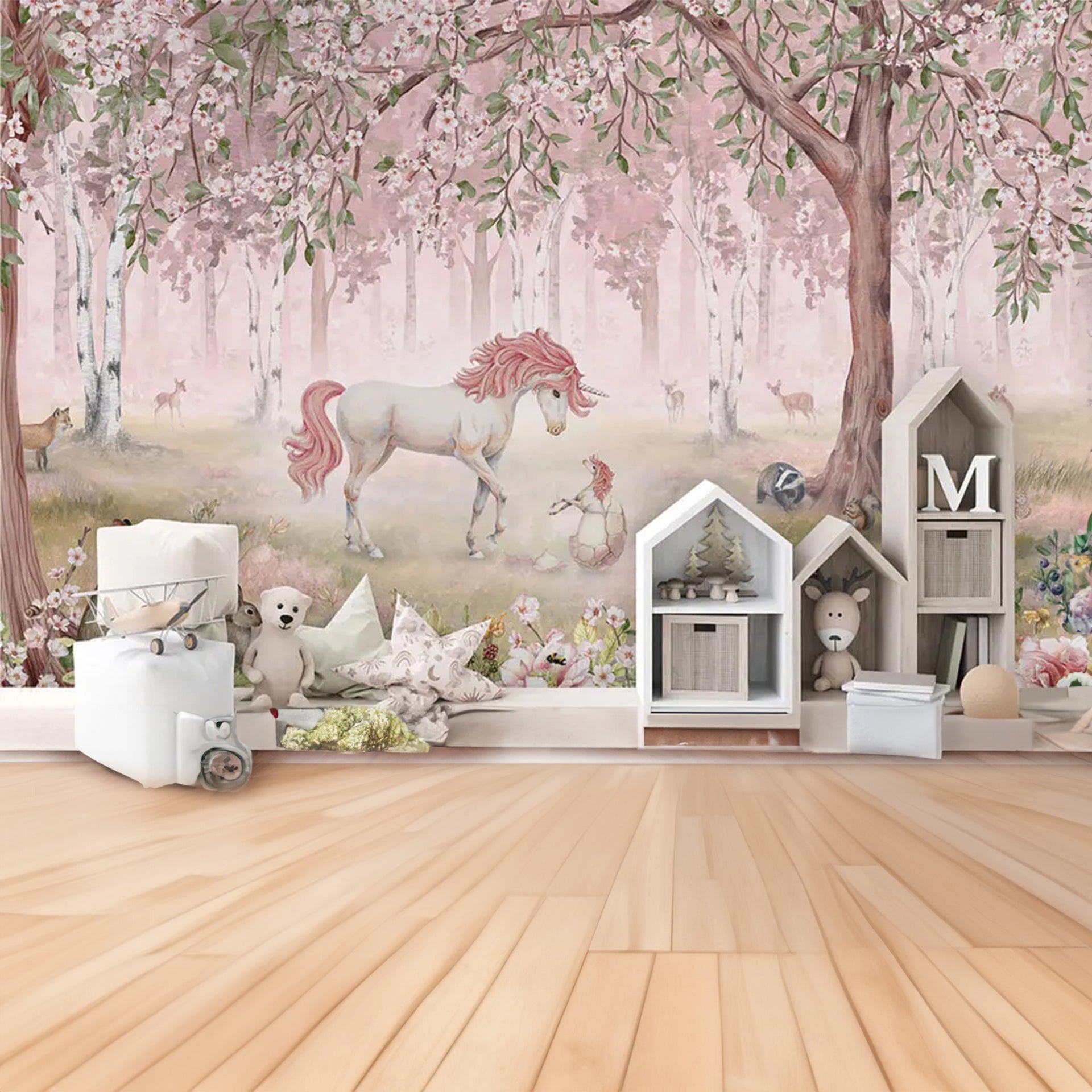 Unicorn-Forest: Whimsical Forest With Unicorns and Rabbits Among Cherry Blossoms in Pastel Dreamland
