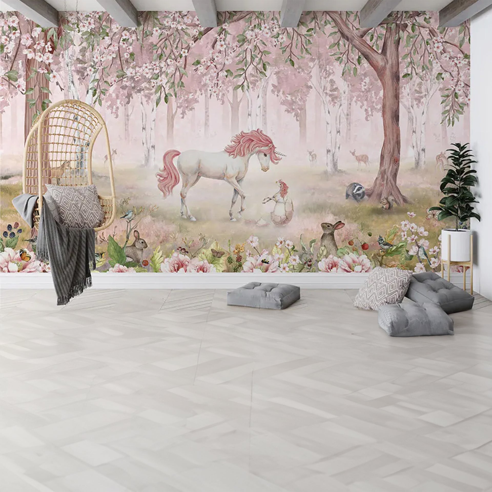 Unicorn-Forest: Whimsical Forest With Unicorns and Rabbits Among Cherry Blossoms in Pastel Dreamland