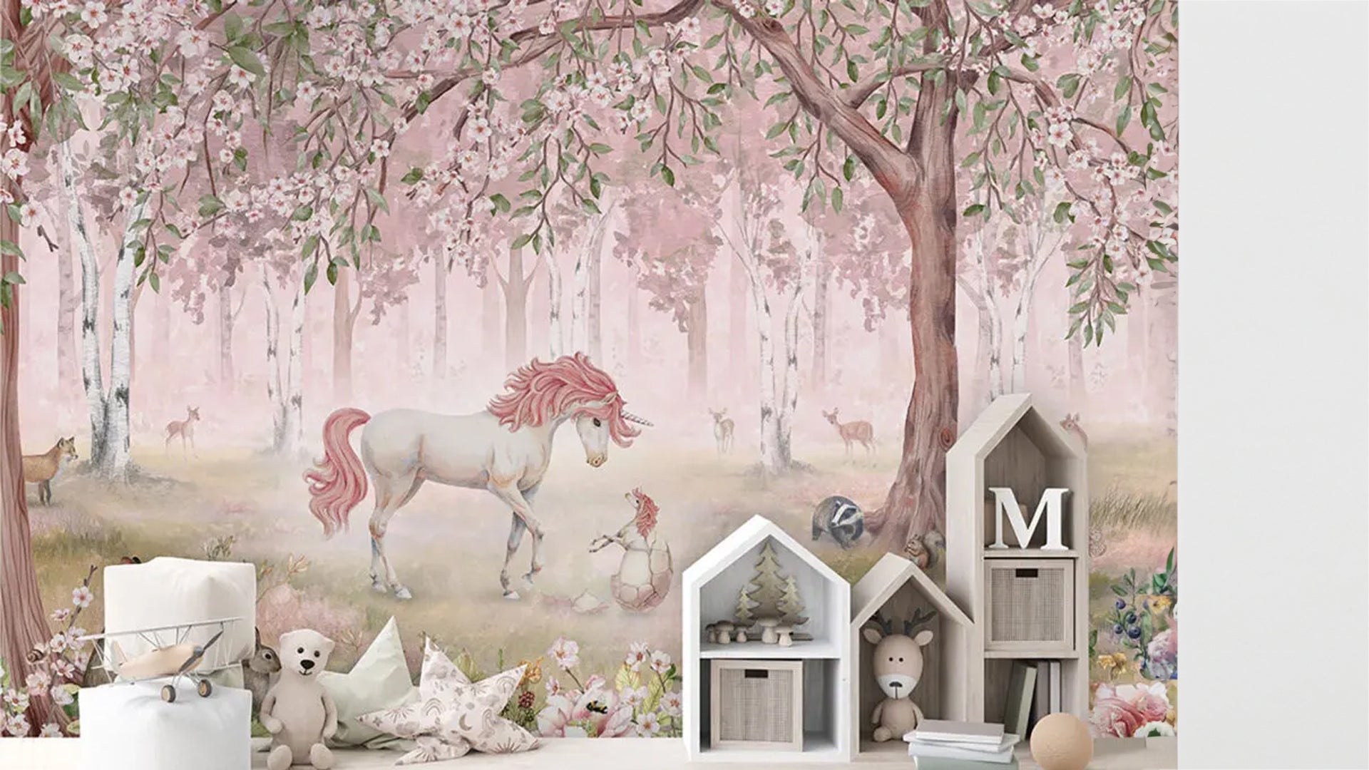 Unicorn pink forest wallpaper for girls