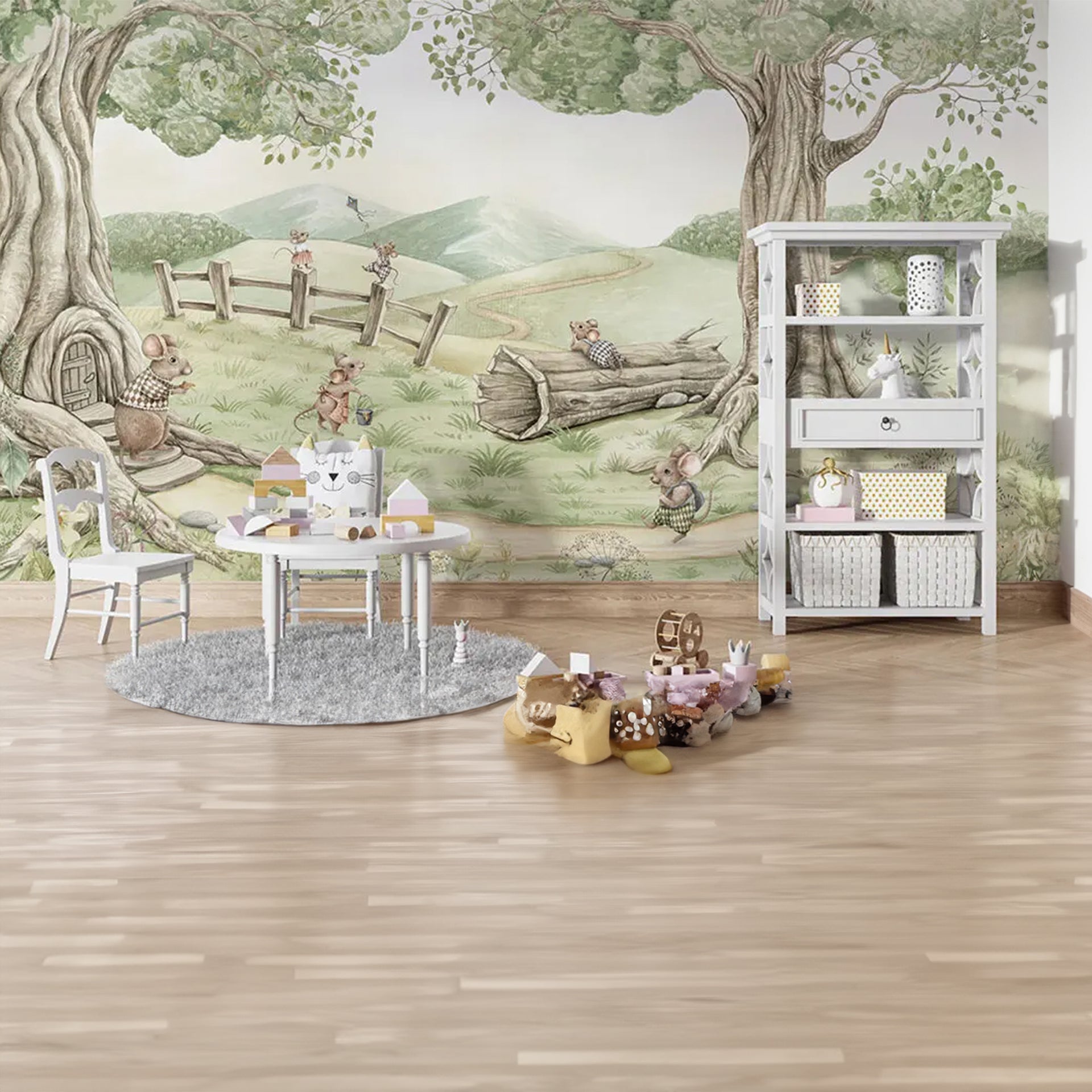 Mouse-Family: Whimsical Wallpaper With Mouse Friends, Squirrels, Trees, and a Gentle Hilltop Landscape