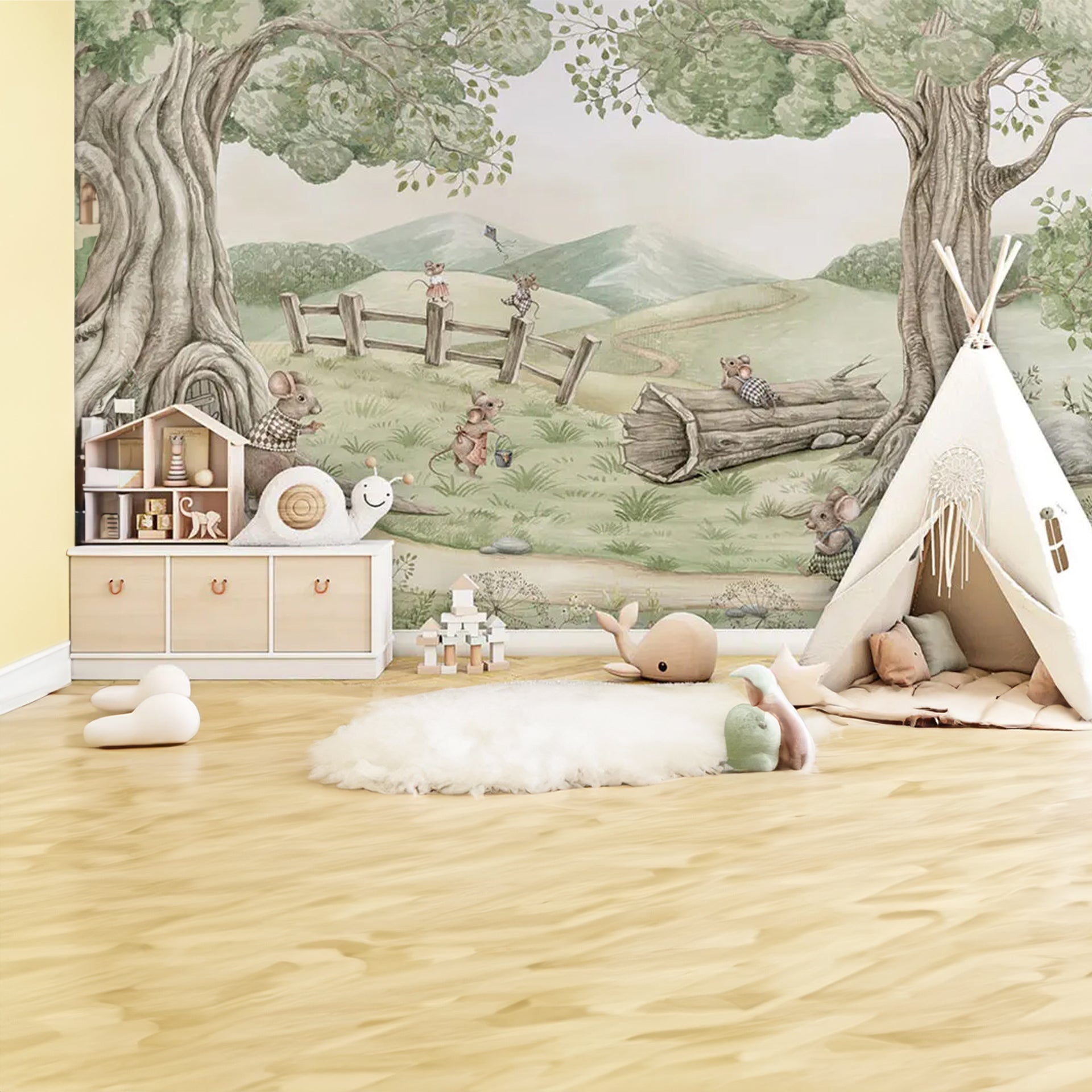 Mouse-Family: Whimsical Wallpaper With Mouse Friends, Squirrels, Trees, and a Gentle Hilltop Landscape