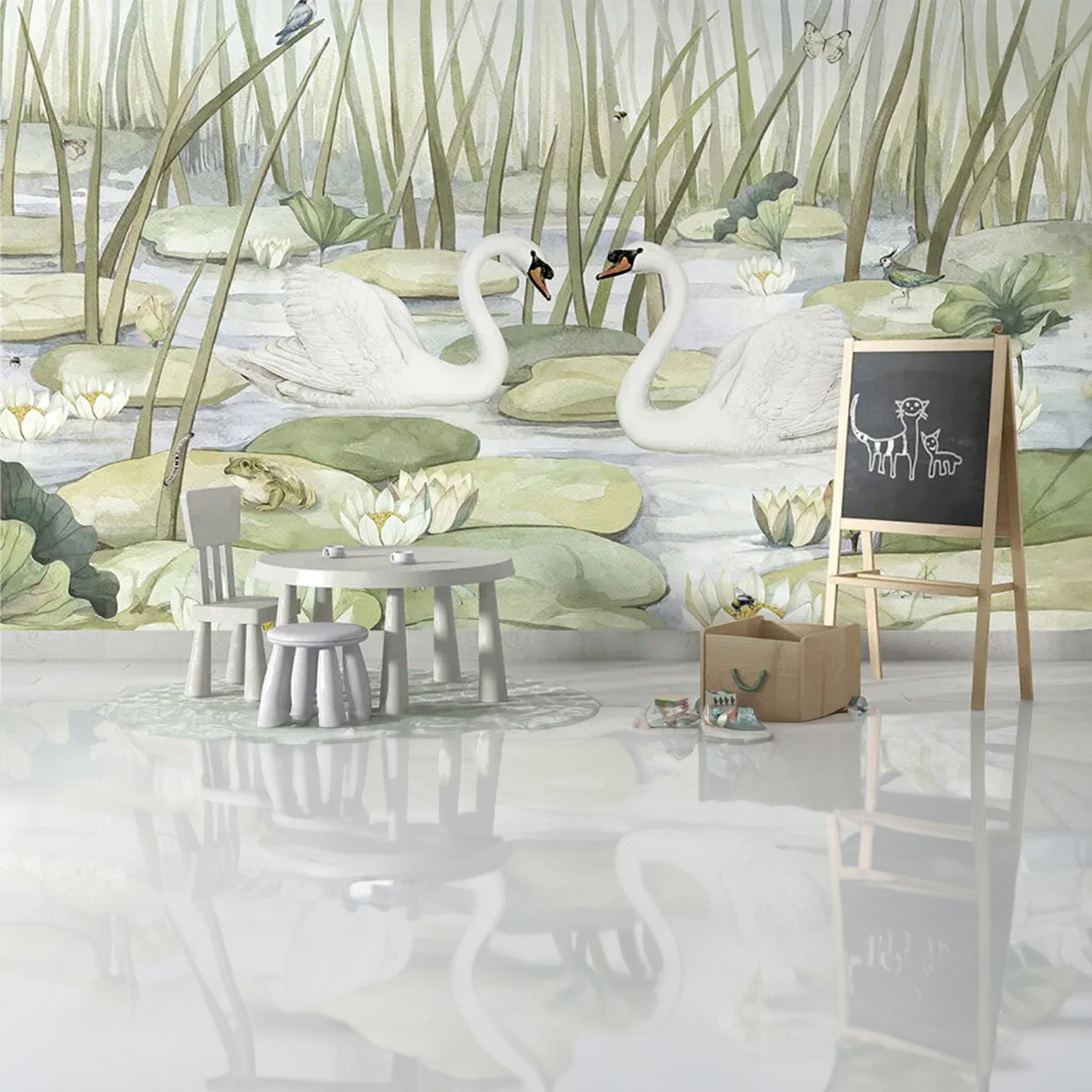 Spectacular-Swans: Serene White Swans Glide Across Lily Pad Pond Amid Reeds and Water Lilies